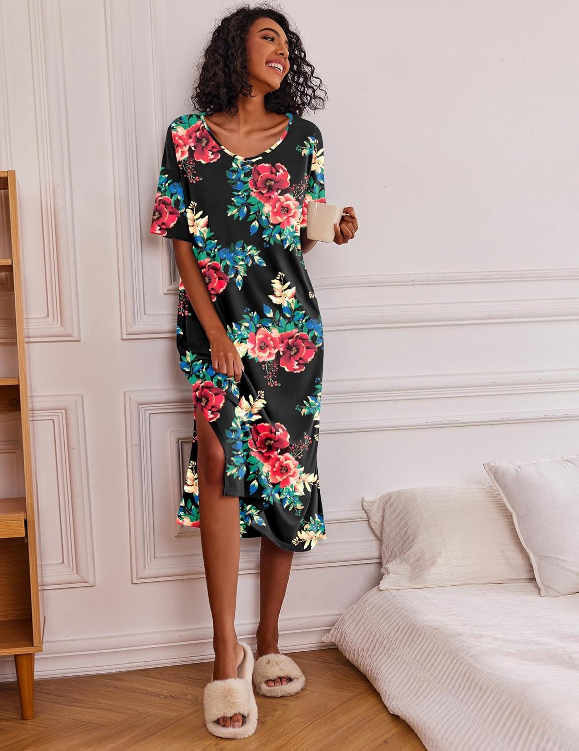 imageEkouaer Long Nightgown for Women Short Sleeve Sleepwear Plus Size Loungewear with Pockets M5XLBlack Floral