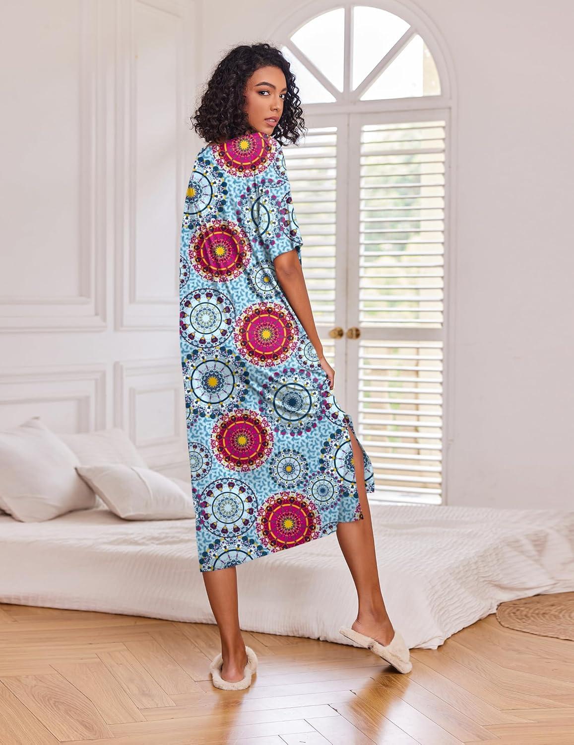 imageEkouaer Long Nightgown for Women Short Sleeve Sleepwear Plus Size Loungewear with Pockets M5XLBlue Circles