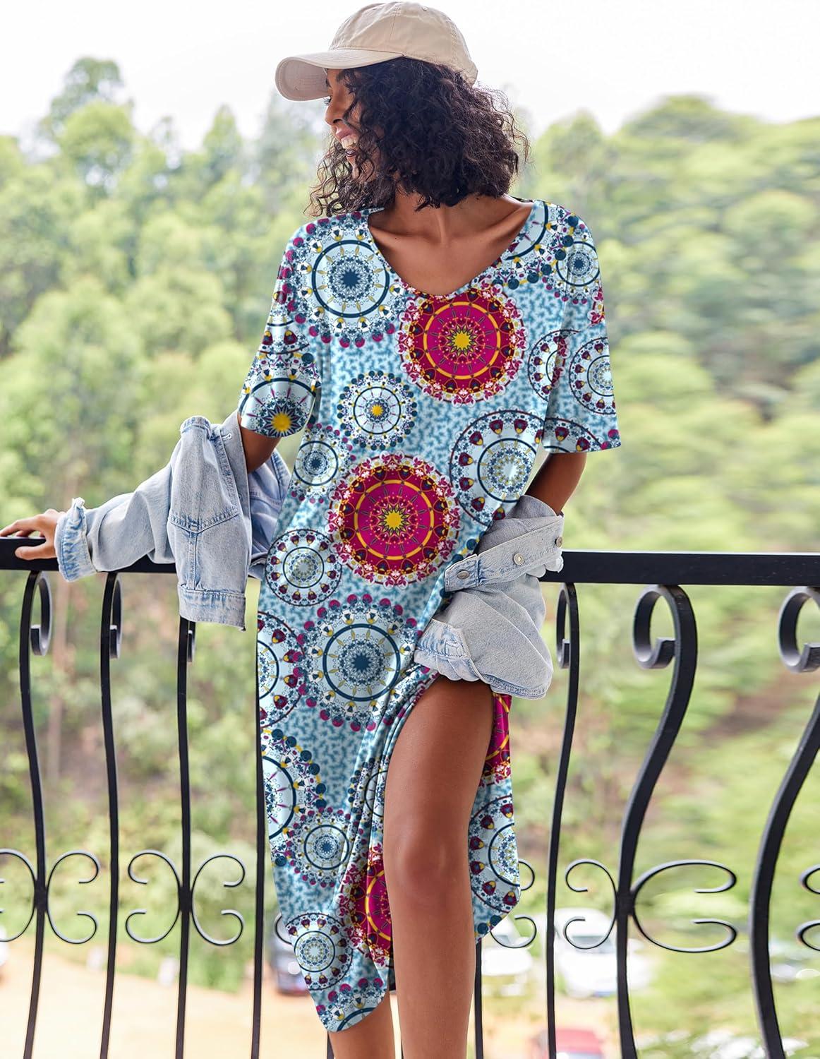 imageEkouaer Long Nightgown for Women Short Sleeve Sleepwear Plus Size Loungewear with Pockets M5XLBlue Circles
