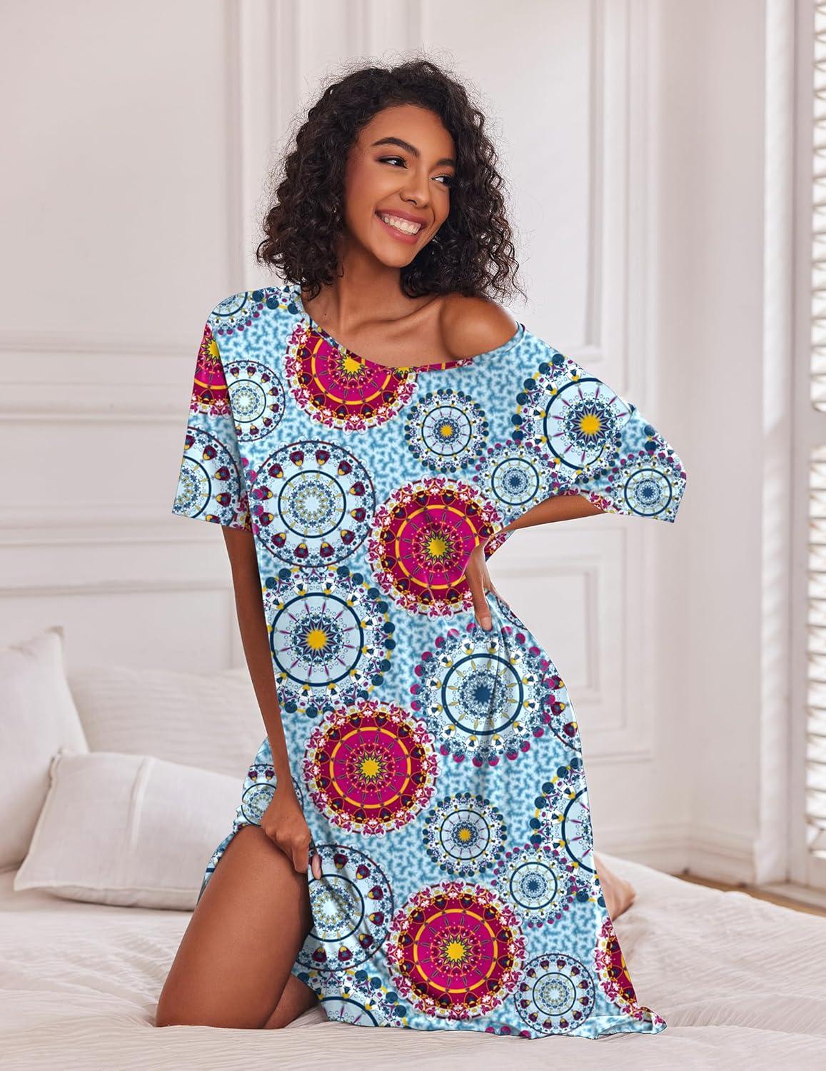 imageEkouaer Long Nightgown for Women Short Sleeve Sleepwear Plus Size Loungewear with Pockets M5XLBlue Circles