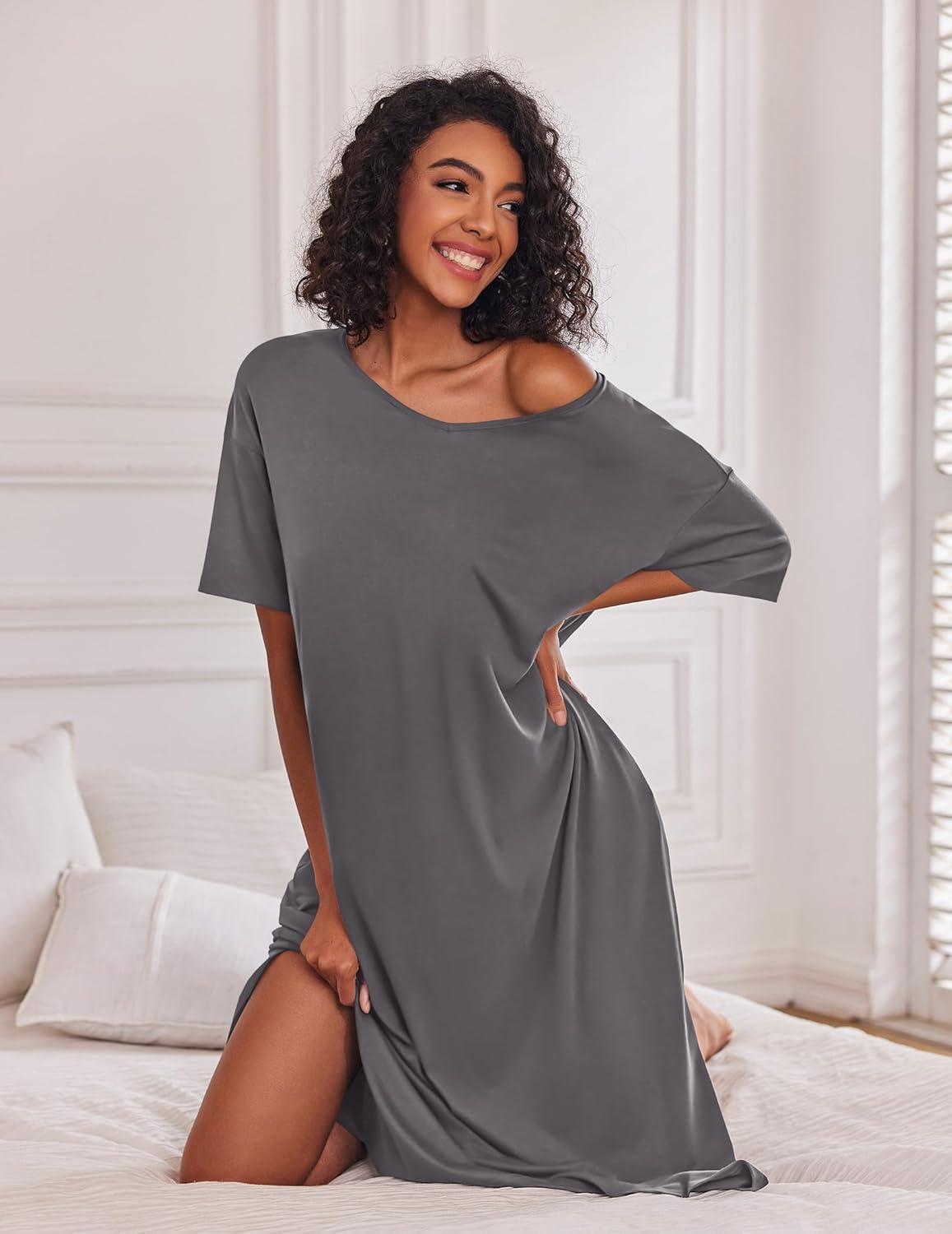 imageEkouaer Long Nightgown for Women Short Sleeve Sleepwear Plus Size Loungewear with Pockets M5XLDark Grey