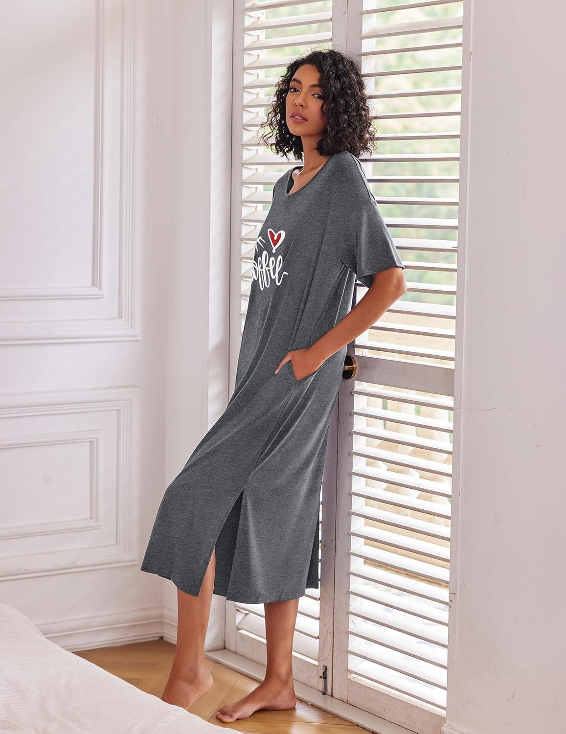 imageEkouaer Long Nightgown for Women Short Sleeve Sleepwear Plus Size Loungewear with Pockets M5XLMedium Grey