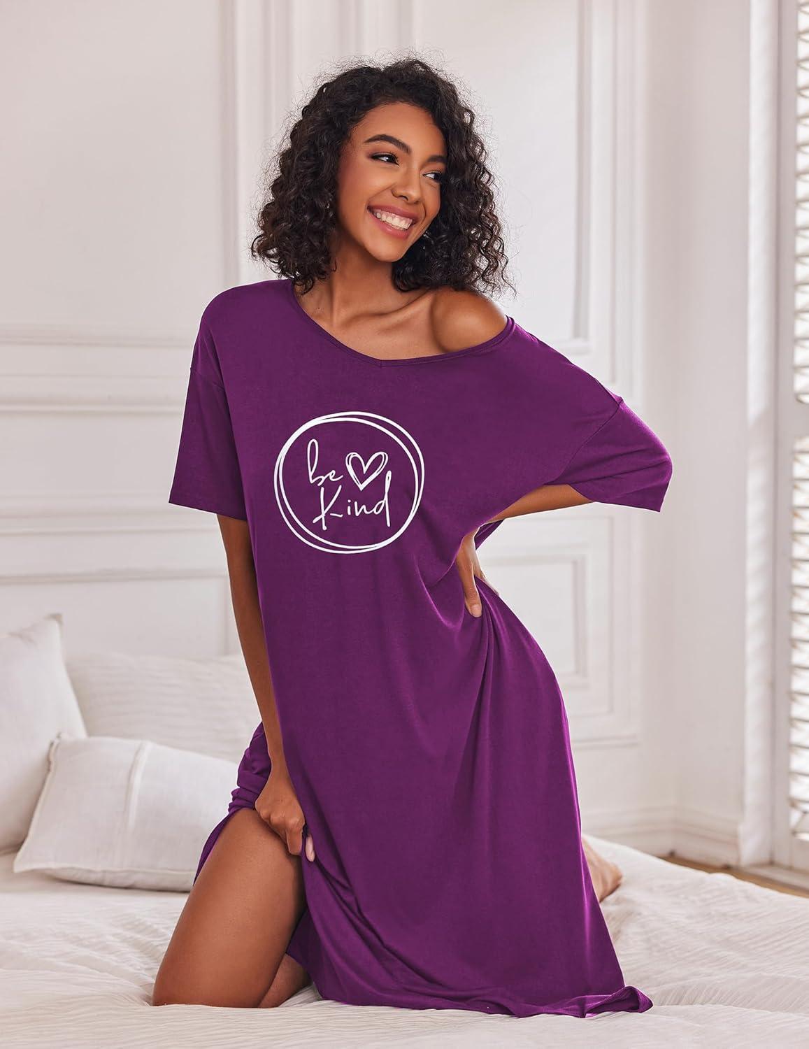 imageEkouaer Long Nightgown for Women Short Sleeve Sleepwear Plus Size Loungewear with Pockets M5XLWineberry Heart