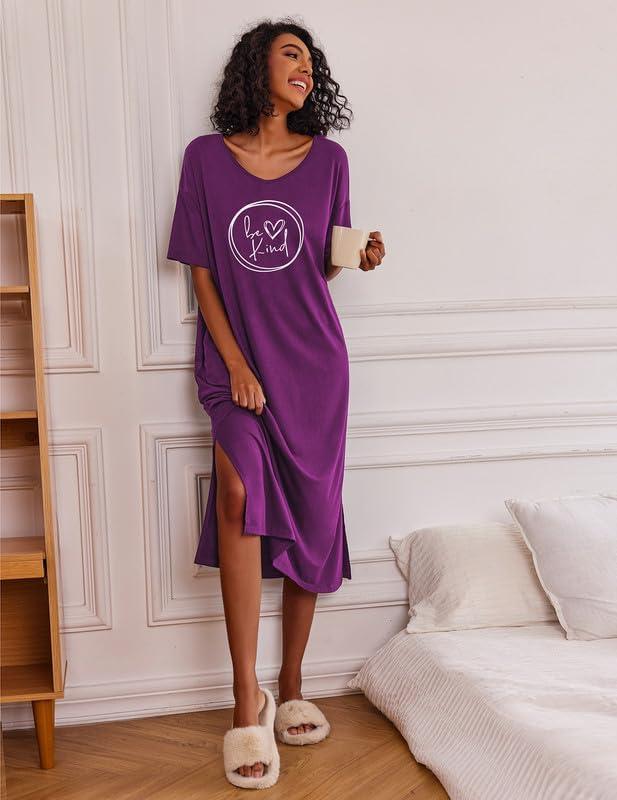 imageEkouaer Long Nightgown for Women Short Sleeve Sleepwear Plus Size Loungewear with Pockets M5XLWineberry Heart