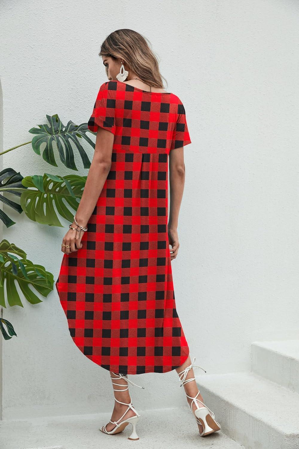 imageEkouaer Long Nightgowns for Women Short Sleeve House Dress with Pockets V Neck Sleepshirts Side Split Sleepwear S4XLBlack Red Plaid