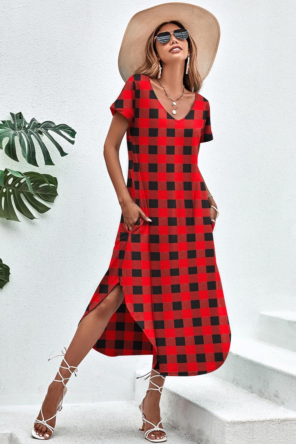imageEkouaer Long Nightgowns for Women Short Sleeve House Dress with Pockets V Neck Sleepshirts Side Split Sleepwear S4XLBlack Red Plaid