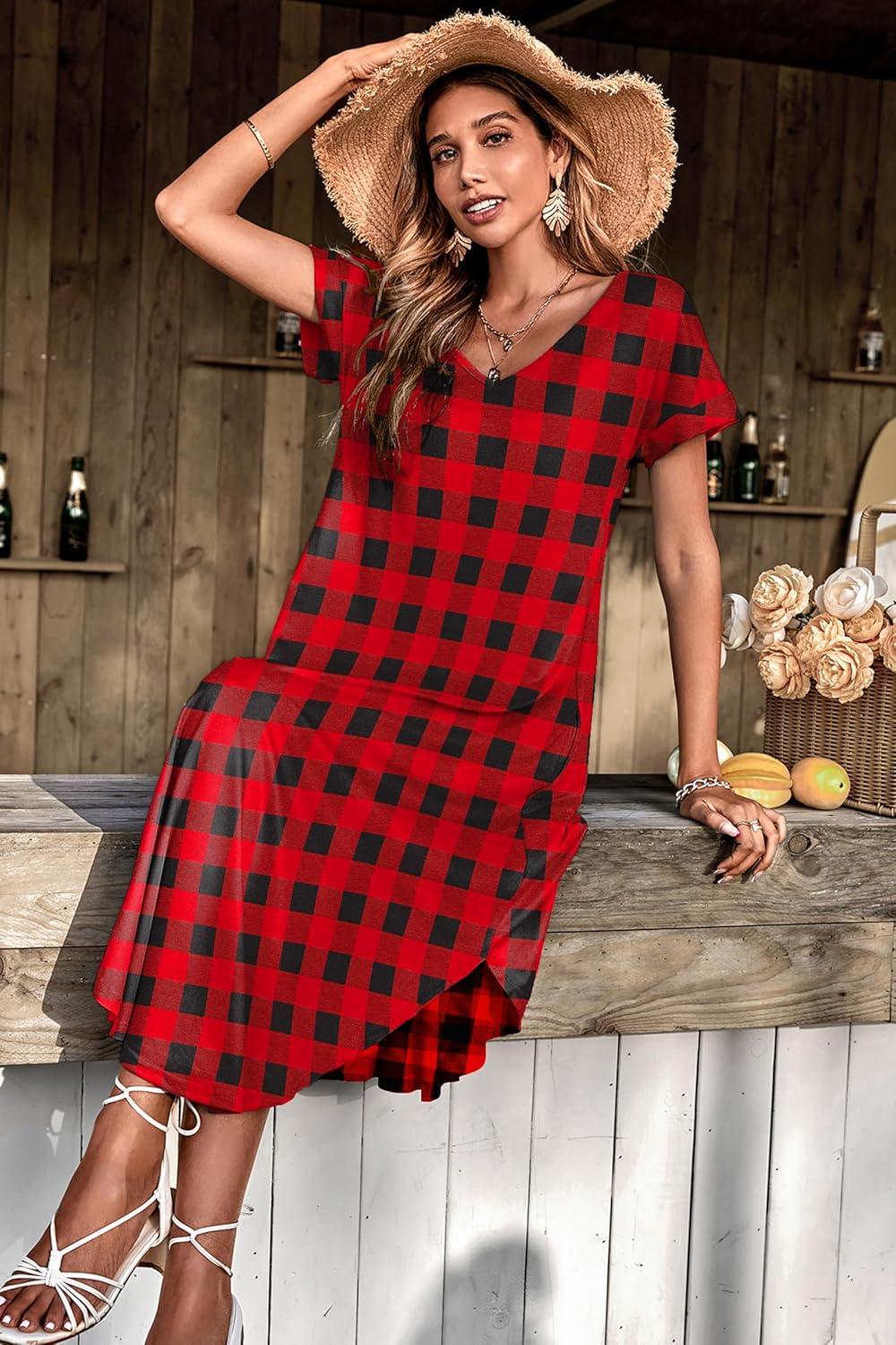 imageEkouaer Long Nightgowns for Women Short Sleeve House Dress with Pockets V Neck Sleepshirts Side Split Sleepwear S4XLBlack Red Plaid