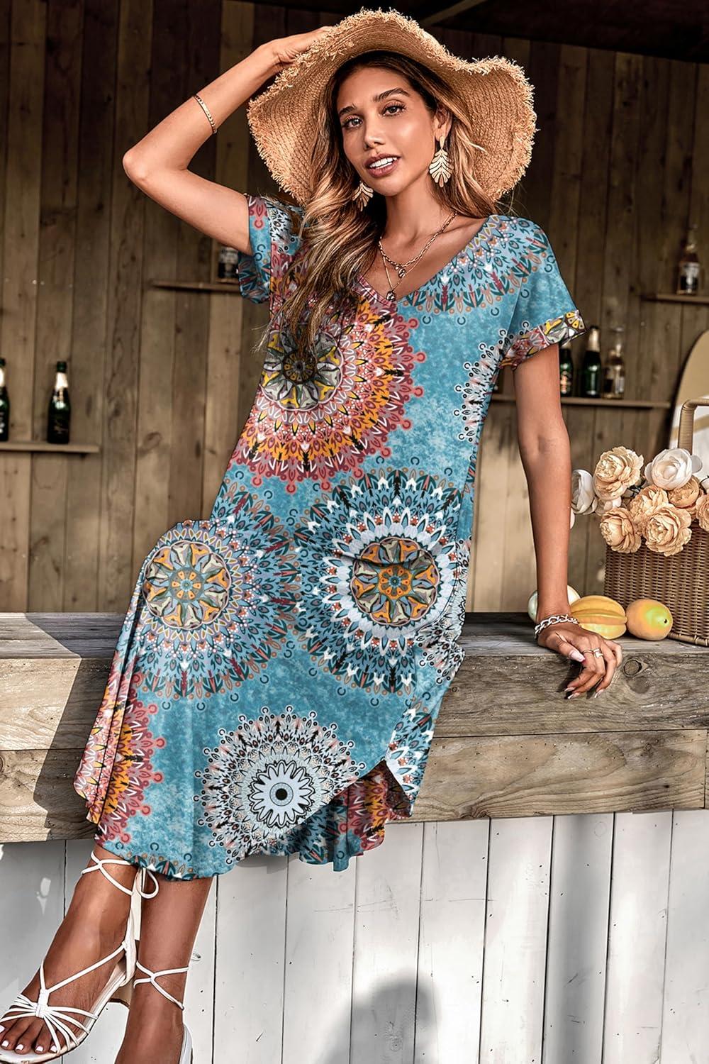 imageEkouaer Long Nightgowns for Women Short Sleeve House Dress with Pockets V Neck Sleepshirts Side Split Sleepwear S4XLBlue Circle