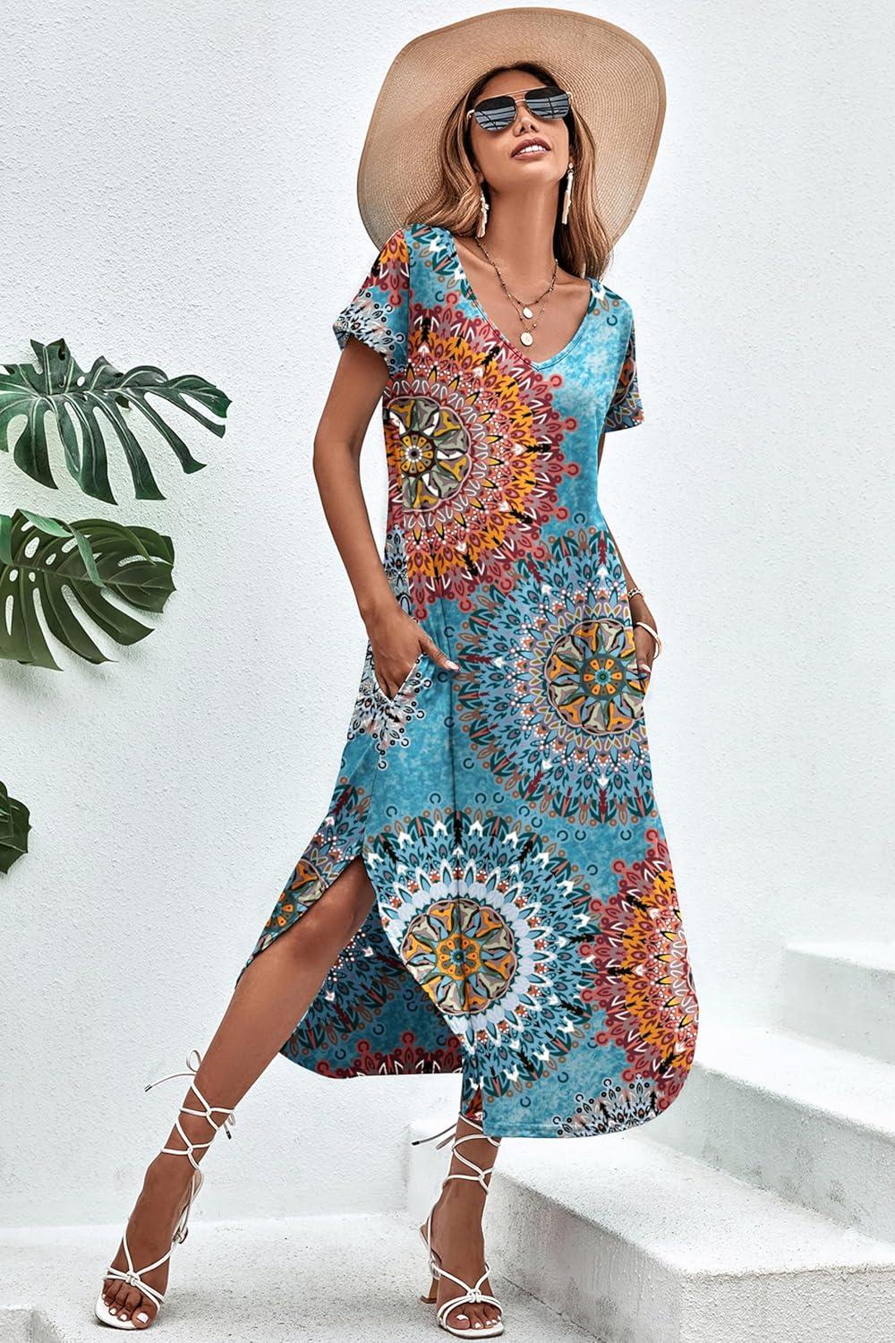 imageEkouaer Long Nightgowns for Women Short Sleeve House Dress with Pockets V Neck Sleepshirts Side Split Sleepwear S4XLBlue Circle