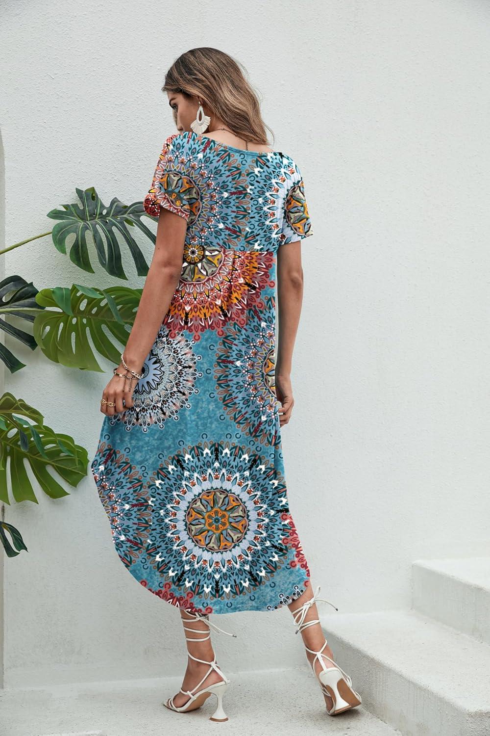 imageEkouaer Long Nightgowns for Women Short Sleeve House Dress with Pockets V Neck Sleepshirts Side Split Sleepwear S4XLBlue Circle