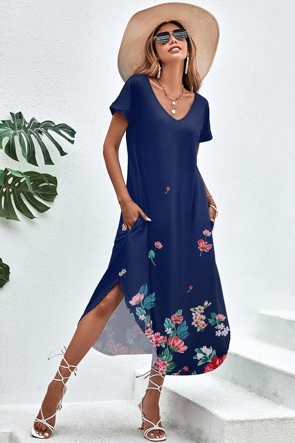 imageEkouaer Long Nightgowns for Women Short Sleeve House Dress with Pockets V Neck Sleepshirts Side Split Sleepwear S4XLBlue Flower