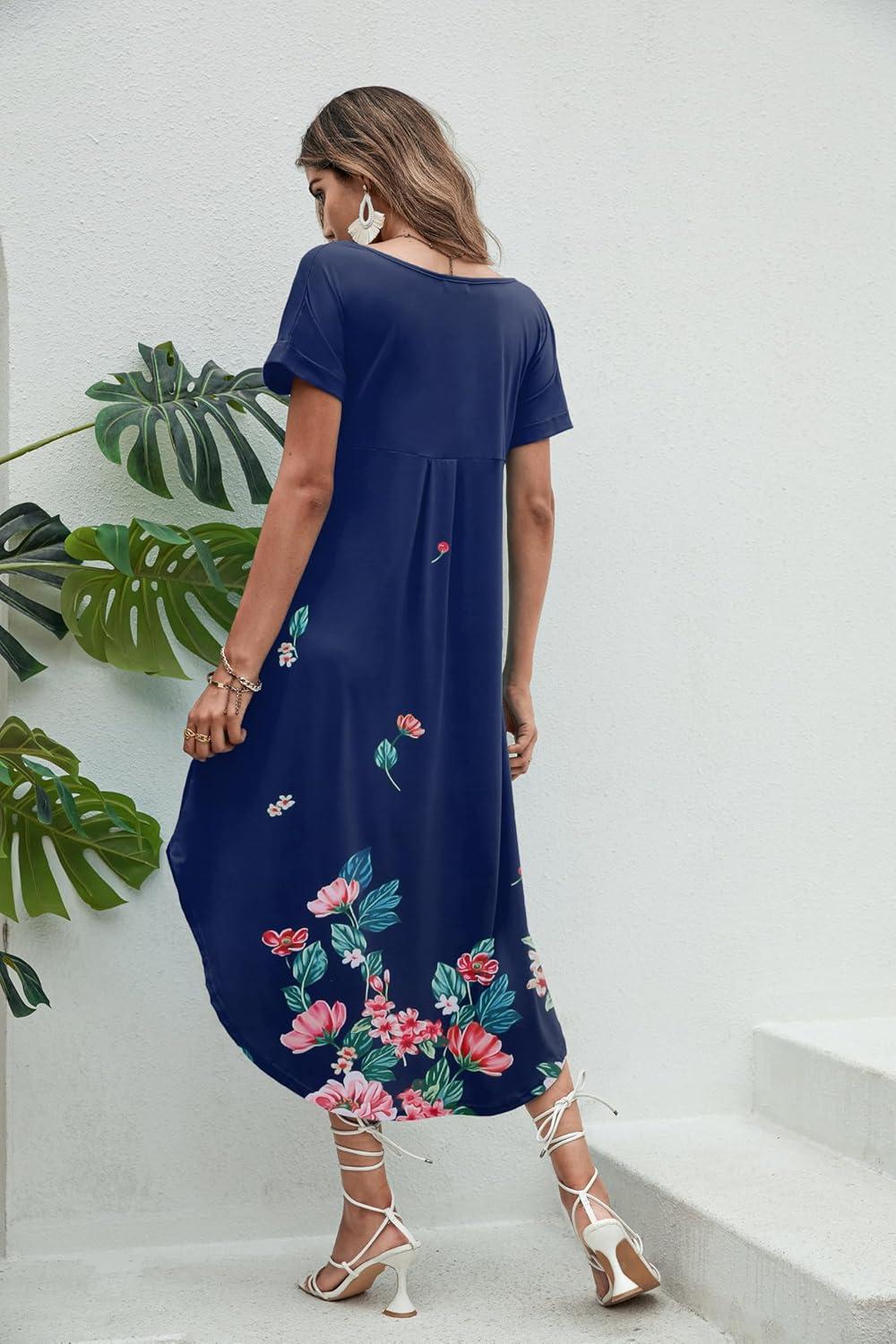 imageEkouaer Long Nightgowns for Women Short Sleeve House Dress with Pockets V Neck Sleepshirts Side Split Sleepwear S4XLBlue Flower