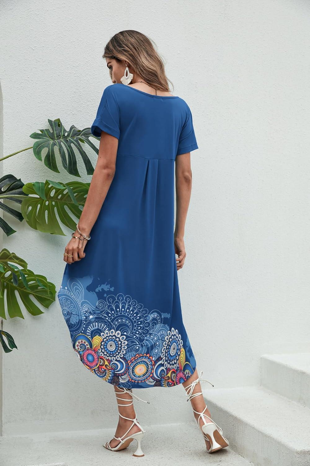 imageEkouaer Long Nightgowns for Women Short Sleeve House Dress with Pockets V Neck Sleepshirts Side Split Sleepwear S4XLBlue Positioned Circle