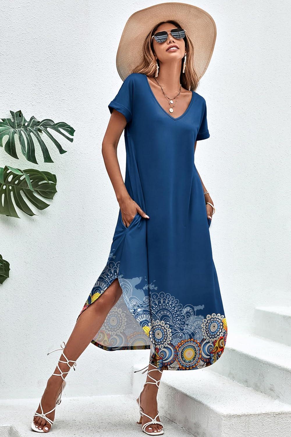 imageEkouaer Long Nightgowns for Women Short Sleeve House Dress with Pockets V Neck Sleepshirts Side Split Sleepwear S4XLBlue Positioned Circle
