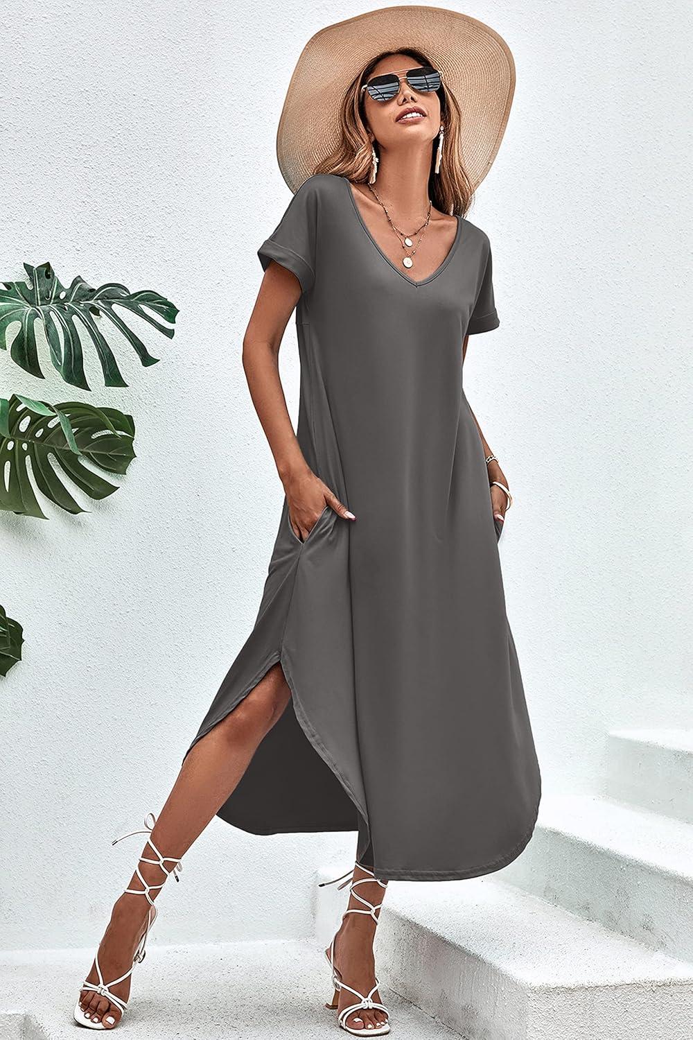 imageEkouaer Long Nightgowns for Women Short Sleeve House Dress with Pockets V Neck Sleepshirts Side Split Sleepwear S4XLDark Grey
