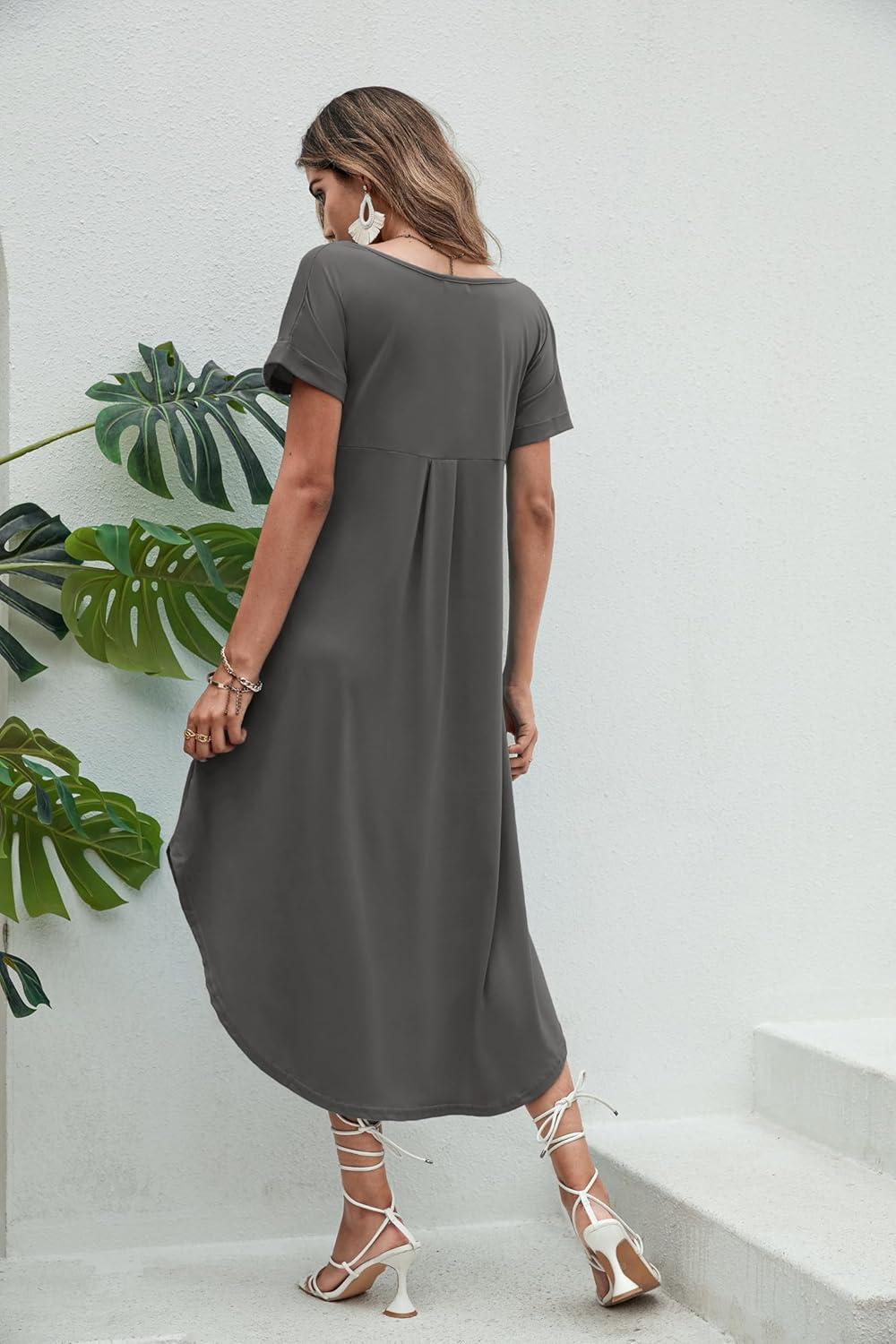 imageEkouaer Long Nightgowns for Women Short Sleeve House Dress with Pockets V Neck Sleepshirts Side Split Sleepwear S4XLDark Grey