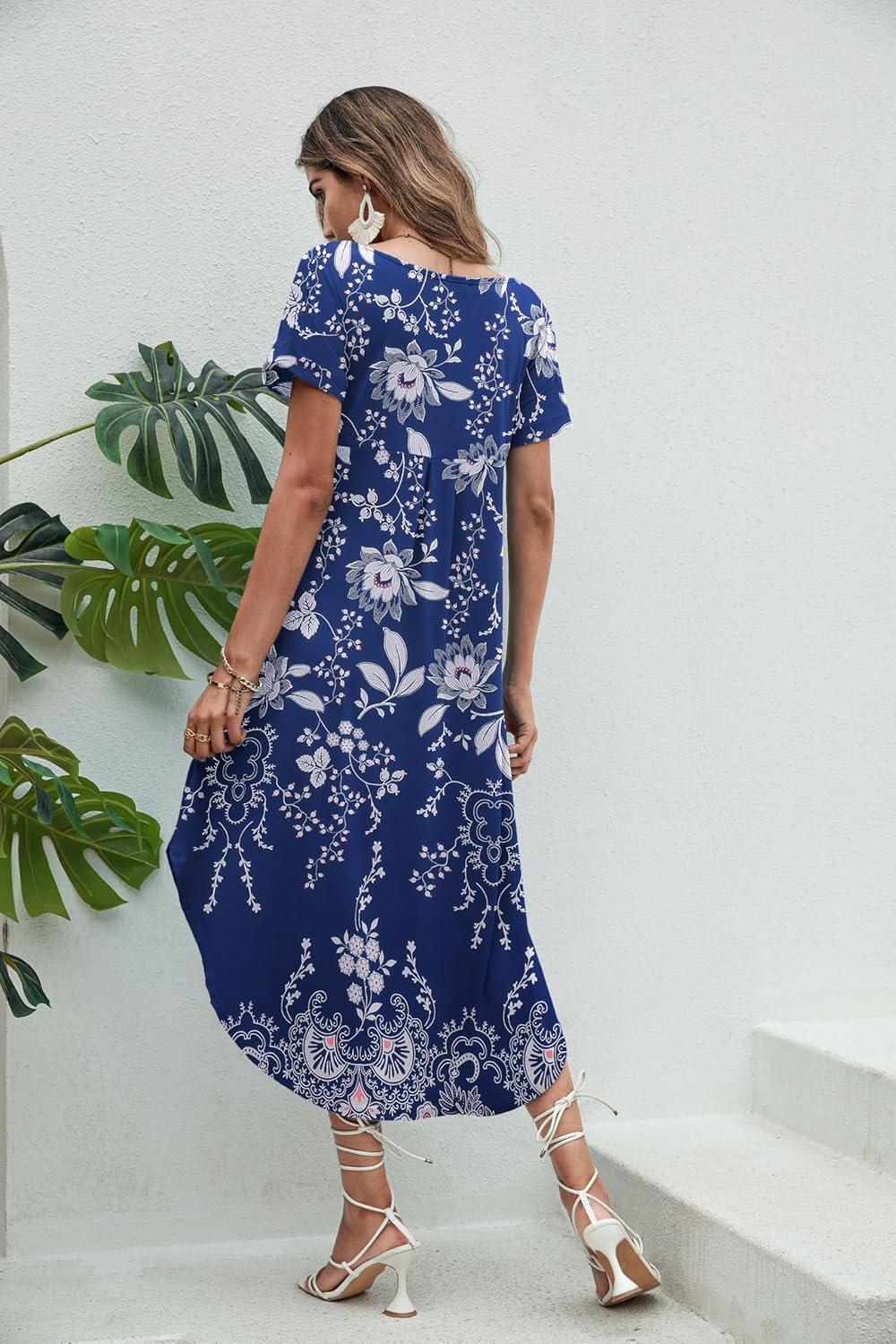 imageEkouaer Long Nightgowns for Women Short Sleeve House Dress with Pockets V Neck Sleepshirts Side Split Sleepwear S4XLEvening Blue Vines