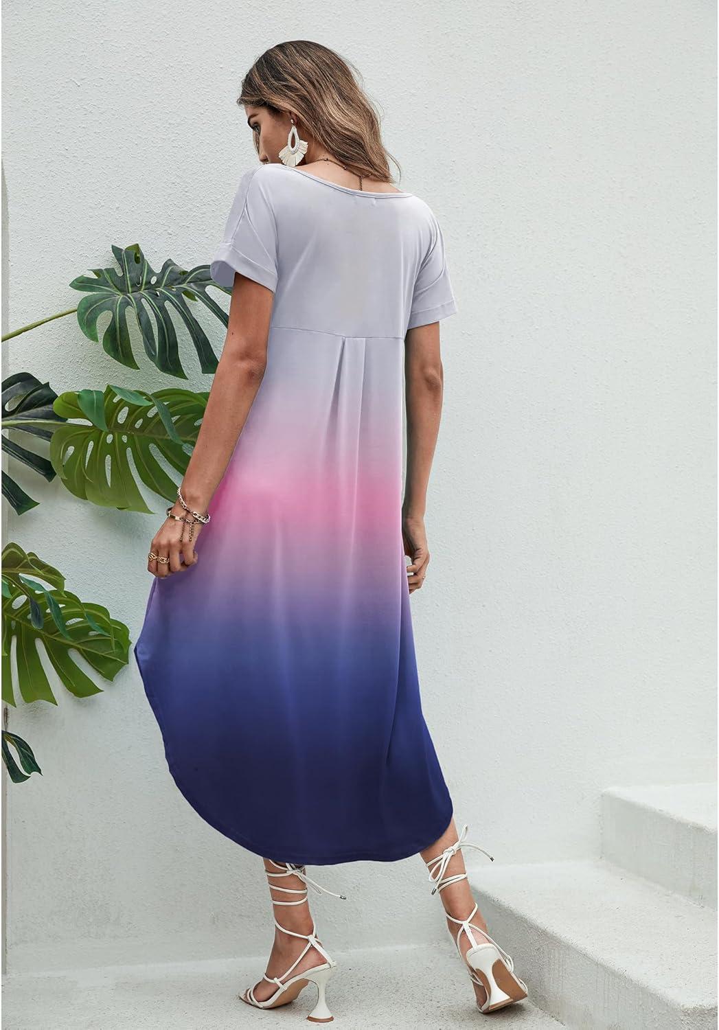 imageEkouaer Long Nightgowns for Women Short Sleeve House Dress with Pockets V Neck Sleepshirts Side Split Sleepwear S4XLGradients Tie Dye