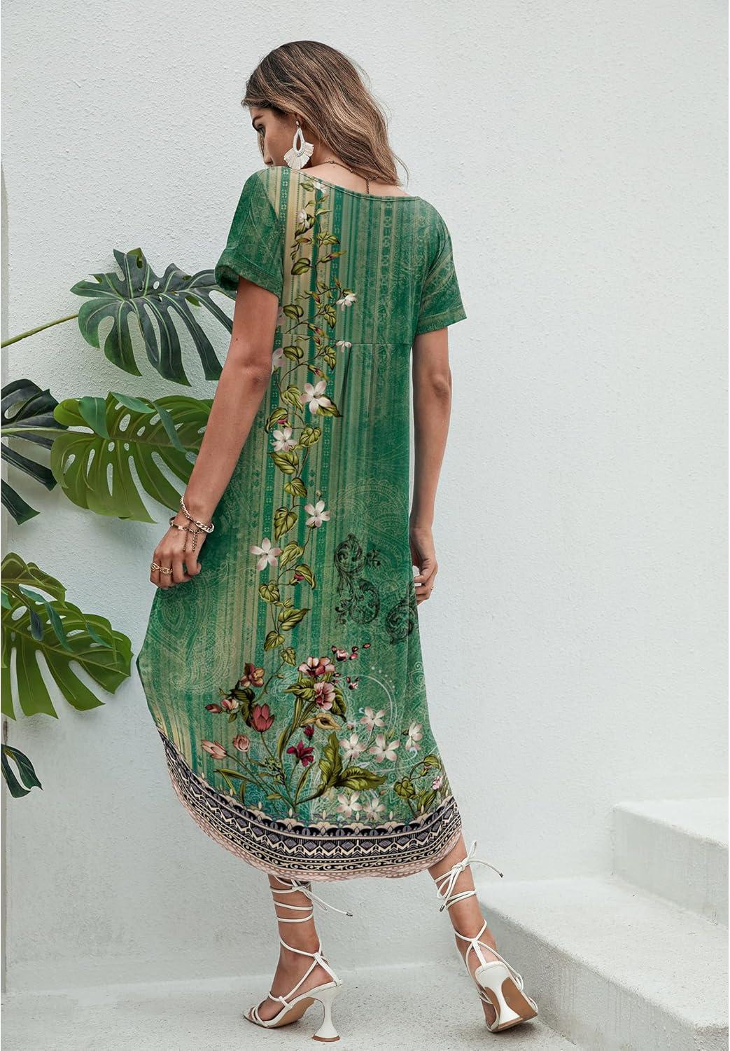 imageEkouaer Long Nightgowns for Women Short Sleeve House Dress with Pockets V Neck Sleepshirts Side Split Sleepwear S4XLGreen Floral