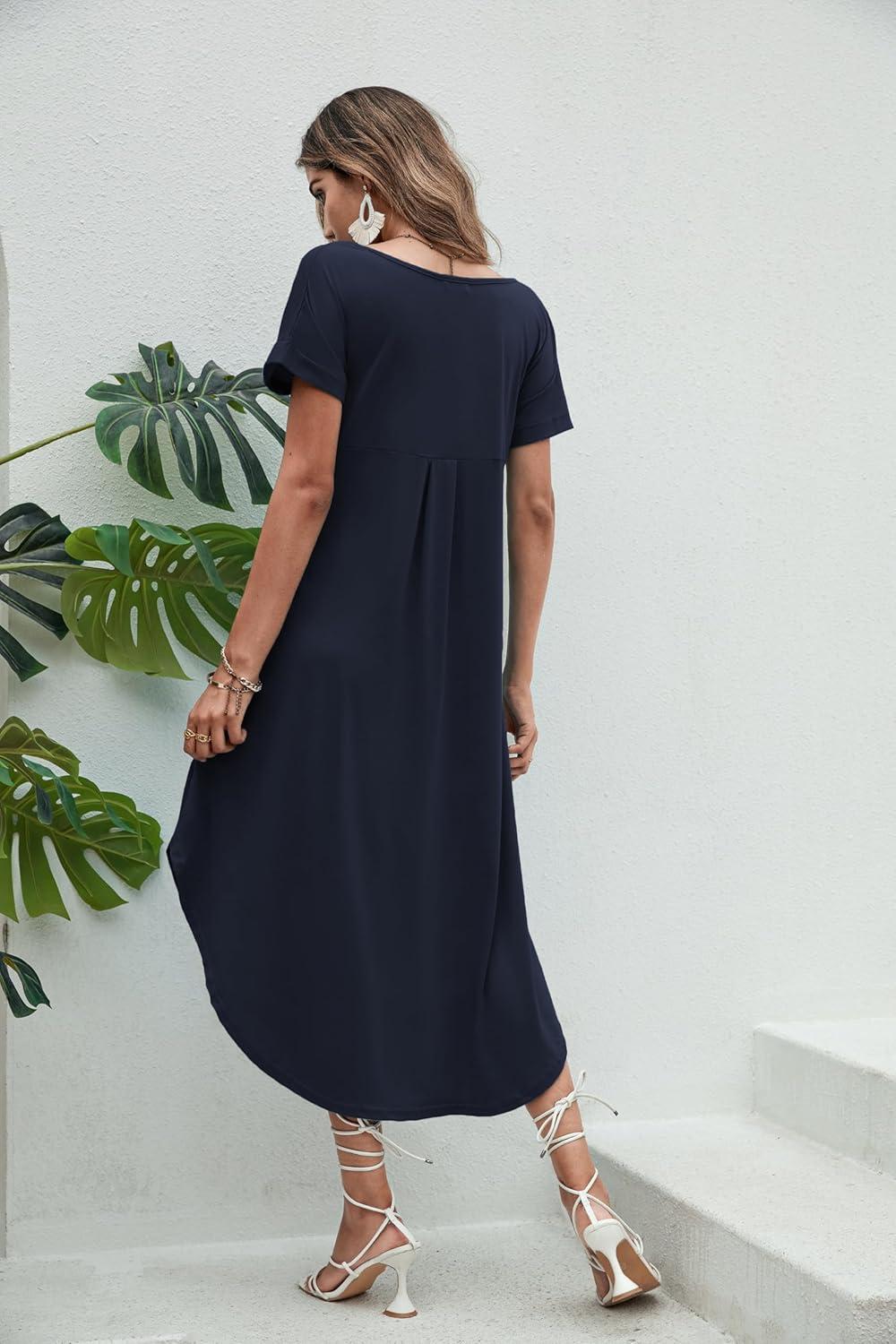 imageEkouaer Long Nightgowns for Women Short Sleeve House Dress with Pockets V Neck Sleepshirts Side Split Sleepwear S4XLNavy