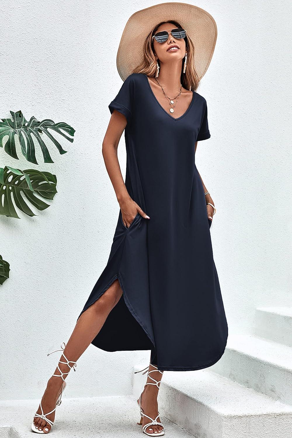 imageEkouaer Long Nightgowns for Women Short Sleeve House Dress with Pockets V Neck Sleepshirts Side Split Sleepwear S4XLNavy