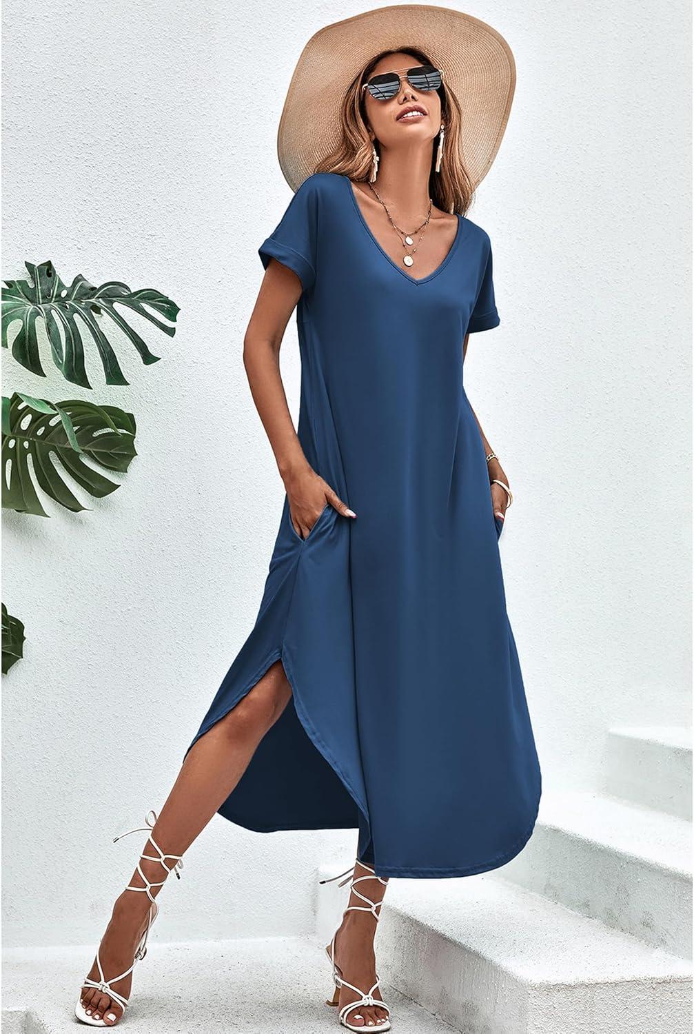imageEkouaer Long Nightgowns for Women Short Sleeve House Dress with Pockets V Neck Sleepshirts Side Split Sleepwear S4XLNavy Blue