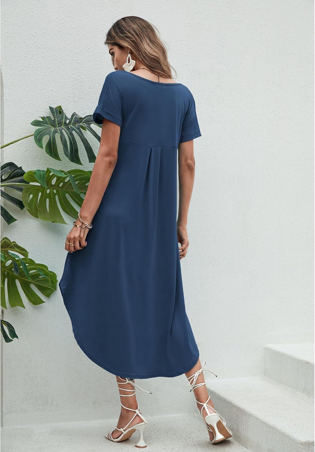 imageEkouaer Long Nightgowns for Women Short Sleeve House Dress with Pockets V Neck Sleepshirts Side Split Sleepwear S4XLNavy Blue