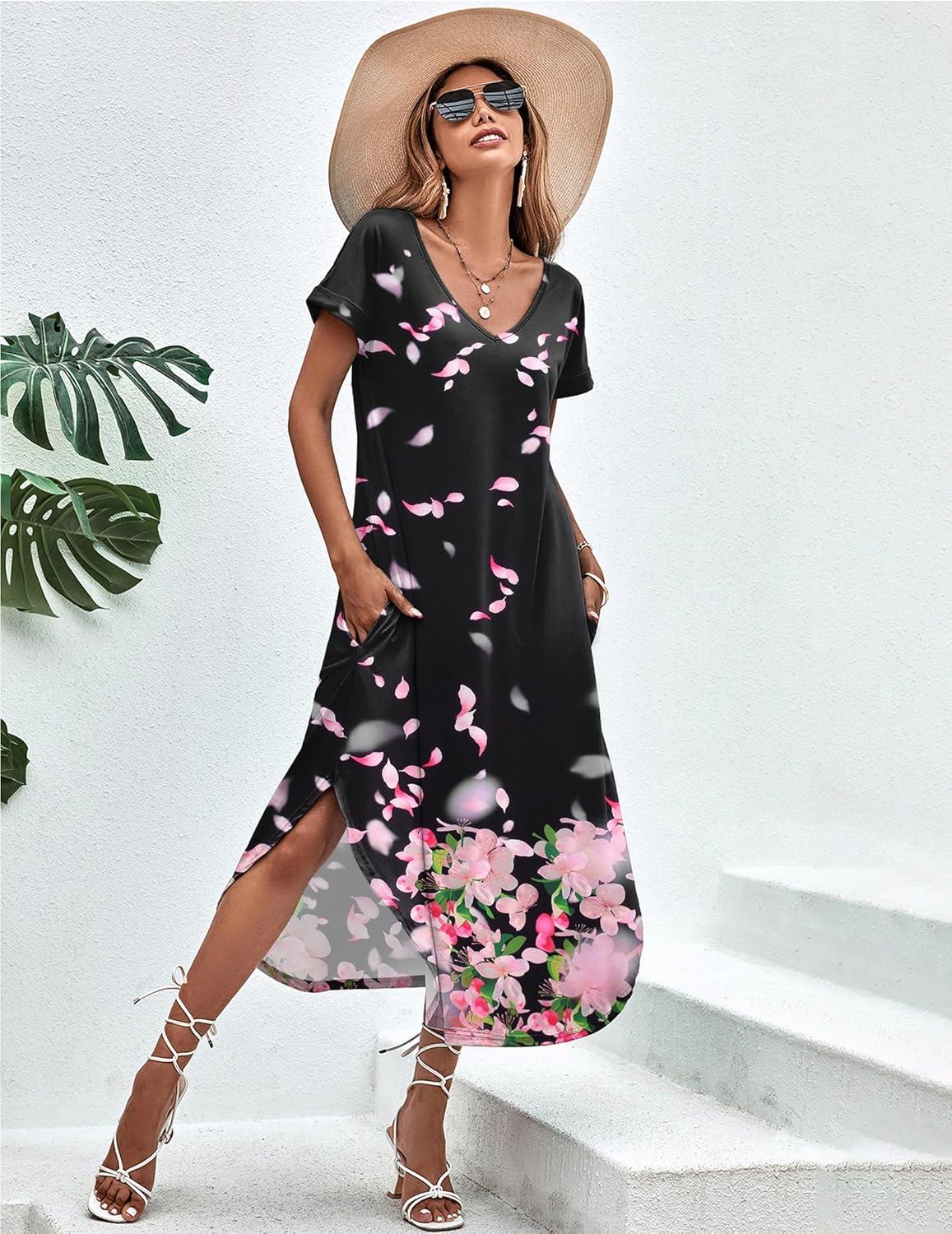 imageEkouaer Long Nightgowns for Women Short Sleeve House Dress with Pockets V Neck Sleepshirts Side Split Sleepwear S4XLPink Flower