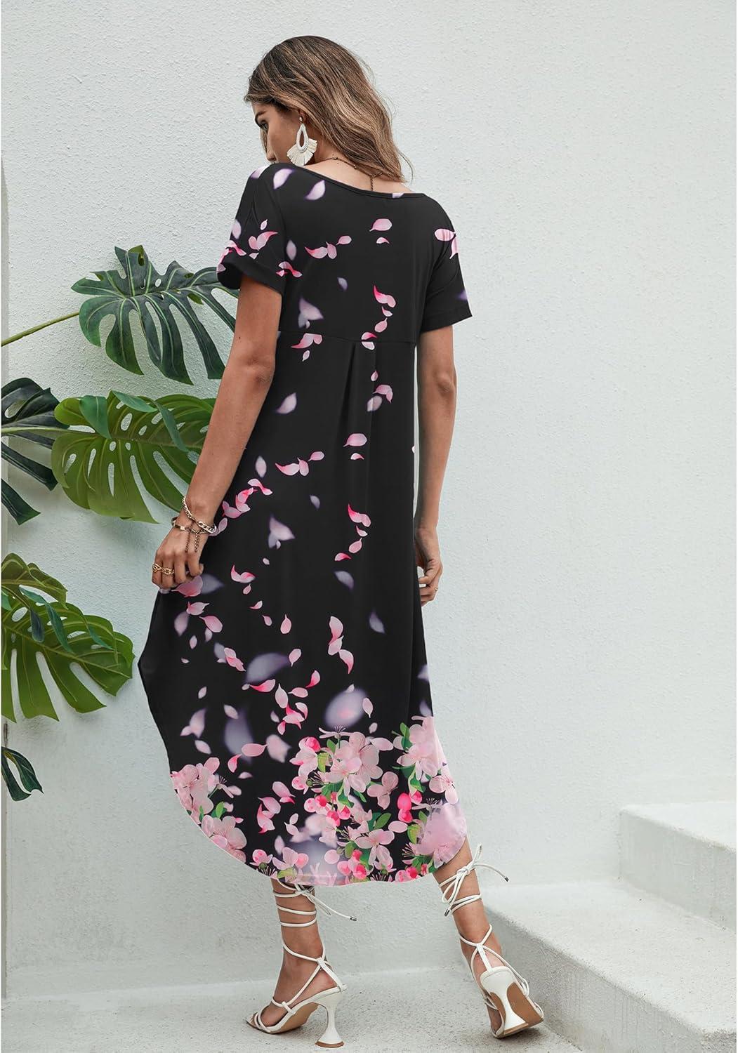 imageEkouaer Long Nightgowns for Women Short Sleeve House Dress with Pockets V Neck Sleepshirts Side Split Sleepwear S4XLPink Flower