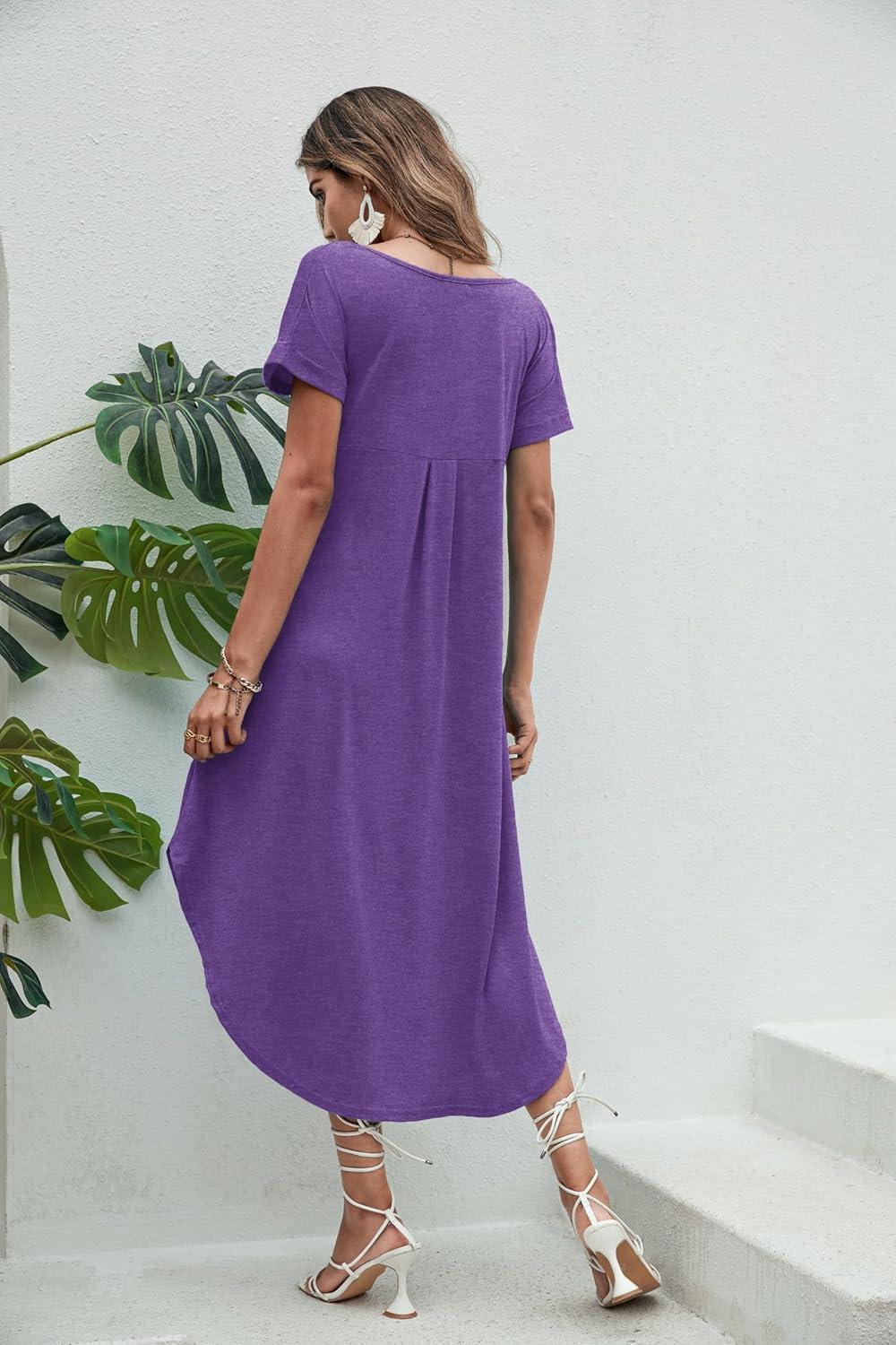 imageEkouaer Long Nightgowns for Women Short Sleeve House Dress with Pockets V Neck Sleepshirts Side Split Sleepwear S4XLPurple
