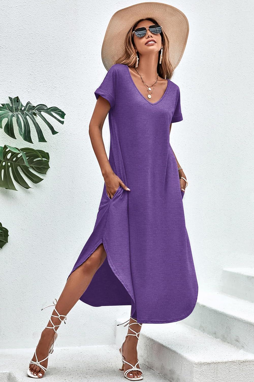 imageEkouaer Long Nightgowns for Women Short Sleeve House Dress with Pockets V Neck Sleepshirts Side Split Sleepwear S4XLPurple