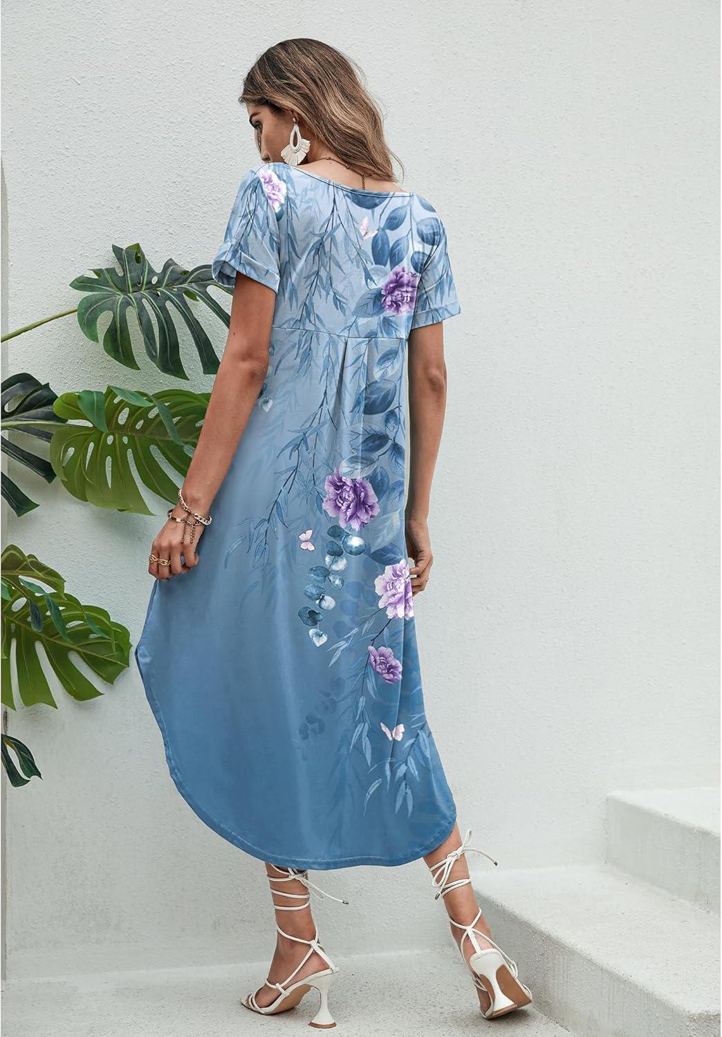 imageEkouaer Long Nightgowns for Women Short Sleeve House Dress with Pockets V Neck Sleepshirts Side Split Sleepwear S4XLSky Blue Floral