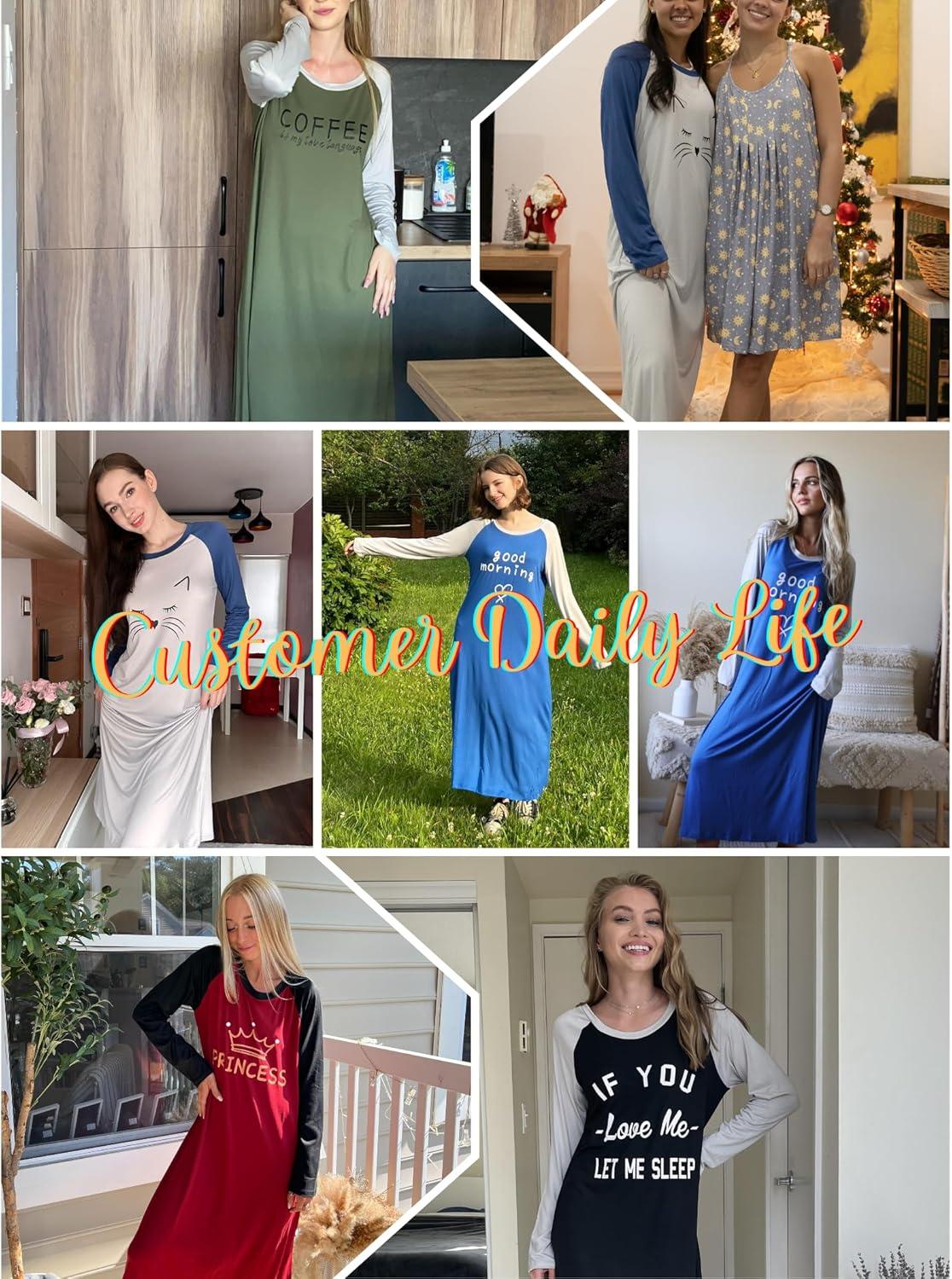 imageEkouaer Long Sleeve Nightgowns for Women Calf Length Sleep Shirts Crew Neck Soft Nightshirts SXXLArmy Green Coffee