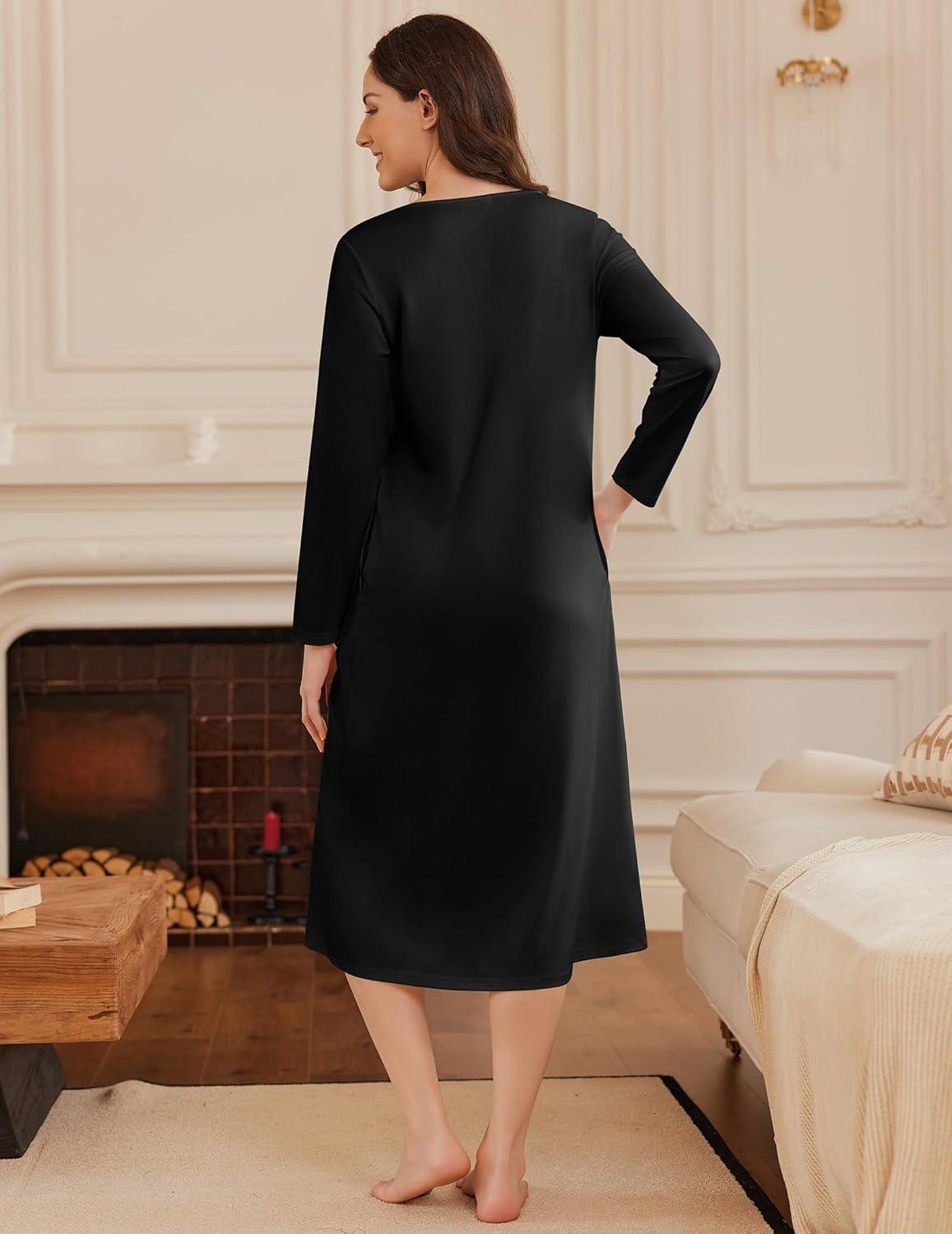 imageEkouaer Long Sleeve Nightgowns for Women Long Sleepshirts Button Night Gowns Sleepwear Full Length Sleep Dress with PocketsBlack