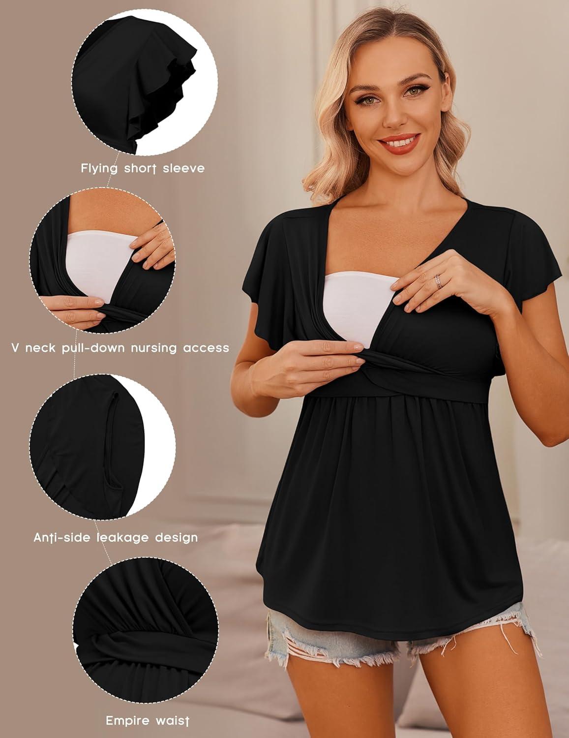 imageEkouaer Maternity Shirts 3 Packs Flying Short Sleeve Nursing Tops Pregnancy ClothesBlackarmy Greenwine Red3pcs