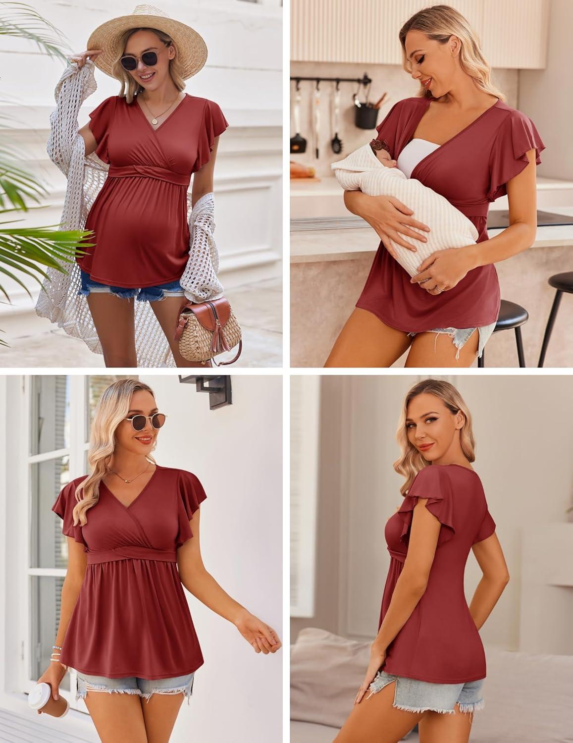 imageEkouaer Maternity Shirts 3 Packs Flying Short Sleeve Nursing Tops Pregnancy ClothesBlackarmy Greenwine Red3pcs