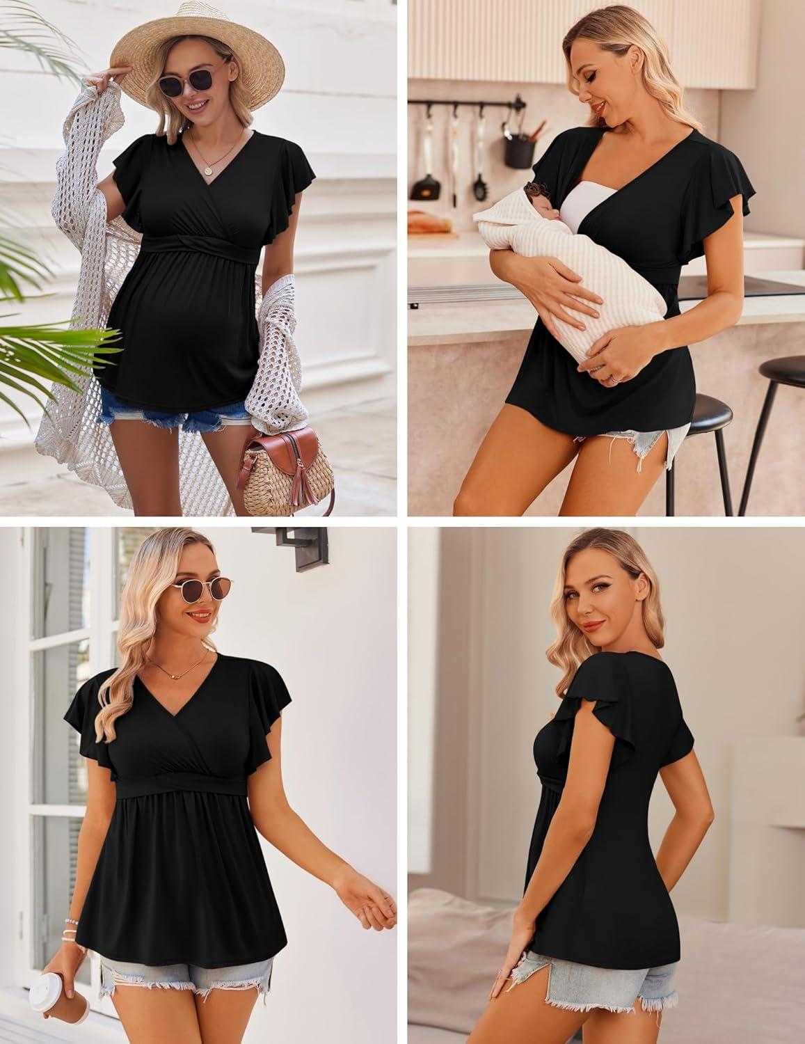 imageEkouaer Maternity Shirts 3 Packs Flying Short Sleeve Nursing Tops Pregnancy ClothesBlackgreywhite3pcs