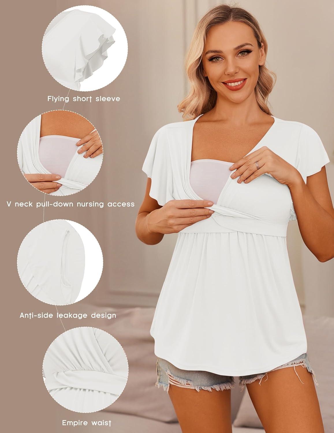 imageEkouaer Maternity Shirts 3 Packs Flying Short Sleeve Nursing Tops Pregnancy ClothesBlackgreywhite3pcs