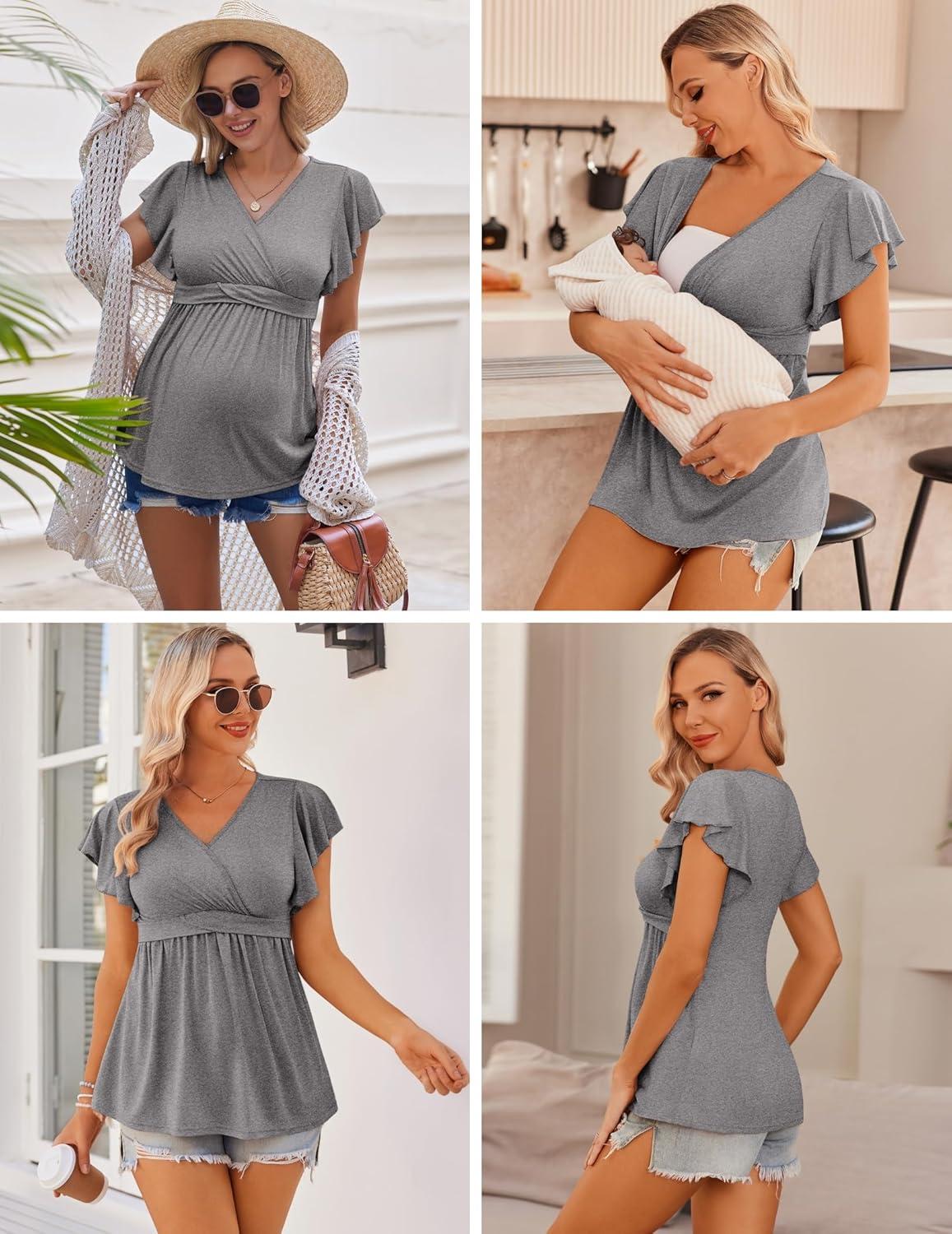imageEkouaer Maternity Shirts 3 Packs Flying Short Sleeve Nursing Tops Pregnancy ClothesBlackgreywhite3pcs