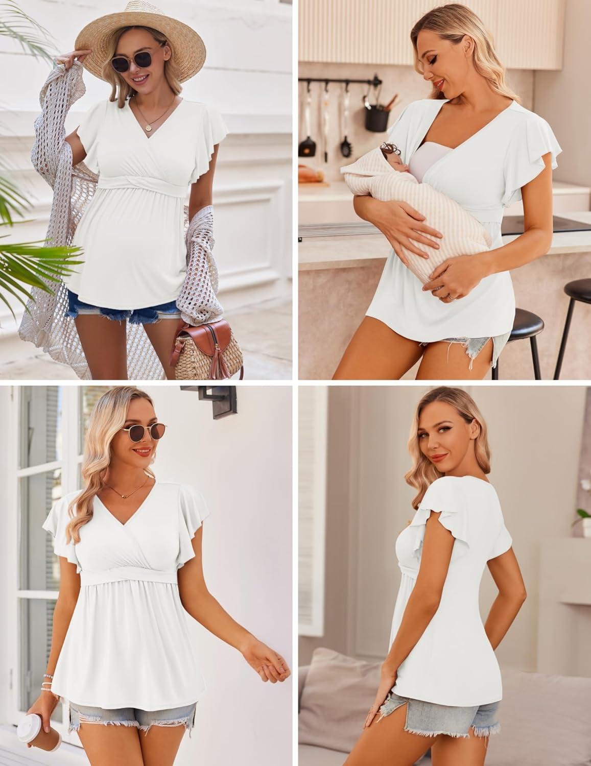 imageEkouaer Maternity Shirts 3 Packs Flying Short Sleeve Nursing Tops Pregnancy ClothesBlackgreywhite3pcs