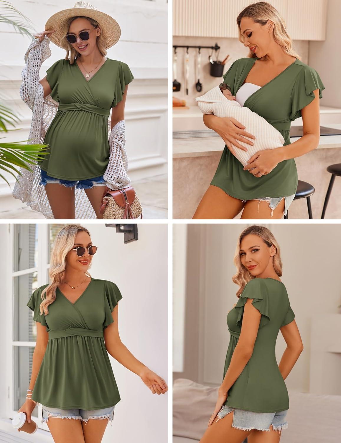 imageEkouaer Maternity Shirts 3 Packs Flying Short Sleeve Nursing Tops Pregnancy ClothesBlackpinkarmy Green3pcs