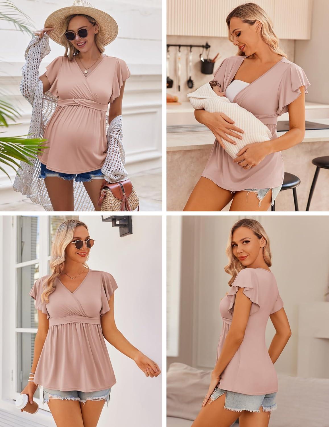 imageEkouaer Maternity Shirts 3 Packs Flying Short Sleeve Nursing Tops Pregnancy ClothesBlackpinkarmy Green3pcs