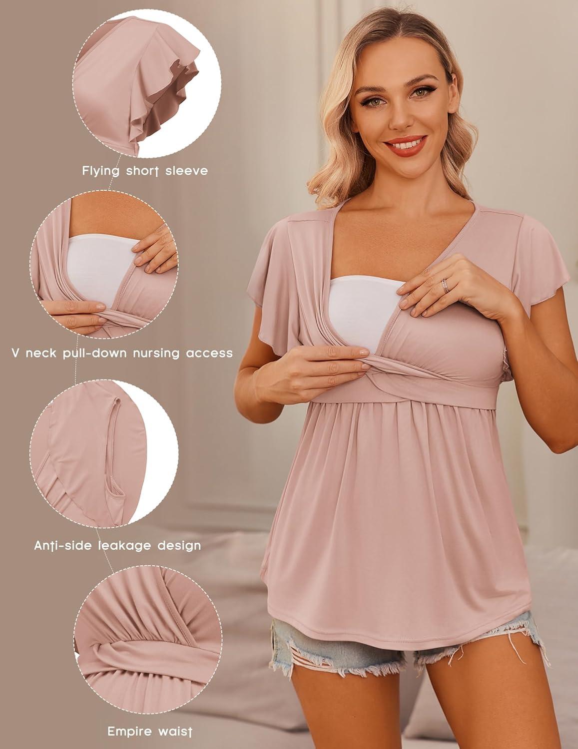 imageEkouaer Maternity Shirts 3 Packs Flying Short Sleeve Nursing Tops Pregnancy ClothesBlackpinkarmy Green3pcs