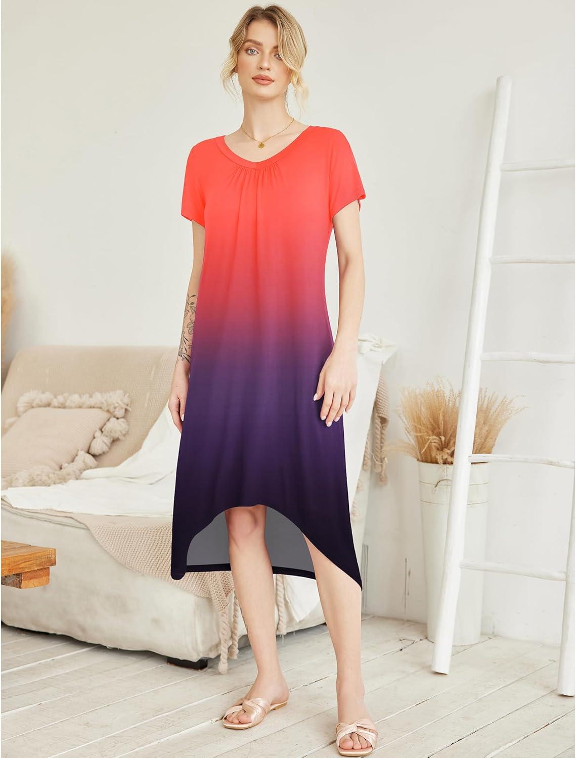 imageEkouaer Nightgowns Womens Short Sleeve Sleepwear Comfy Loungewear Plus Size Night Shirt S3XLTie Dye Red Purple