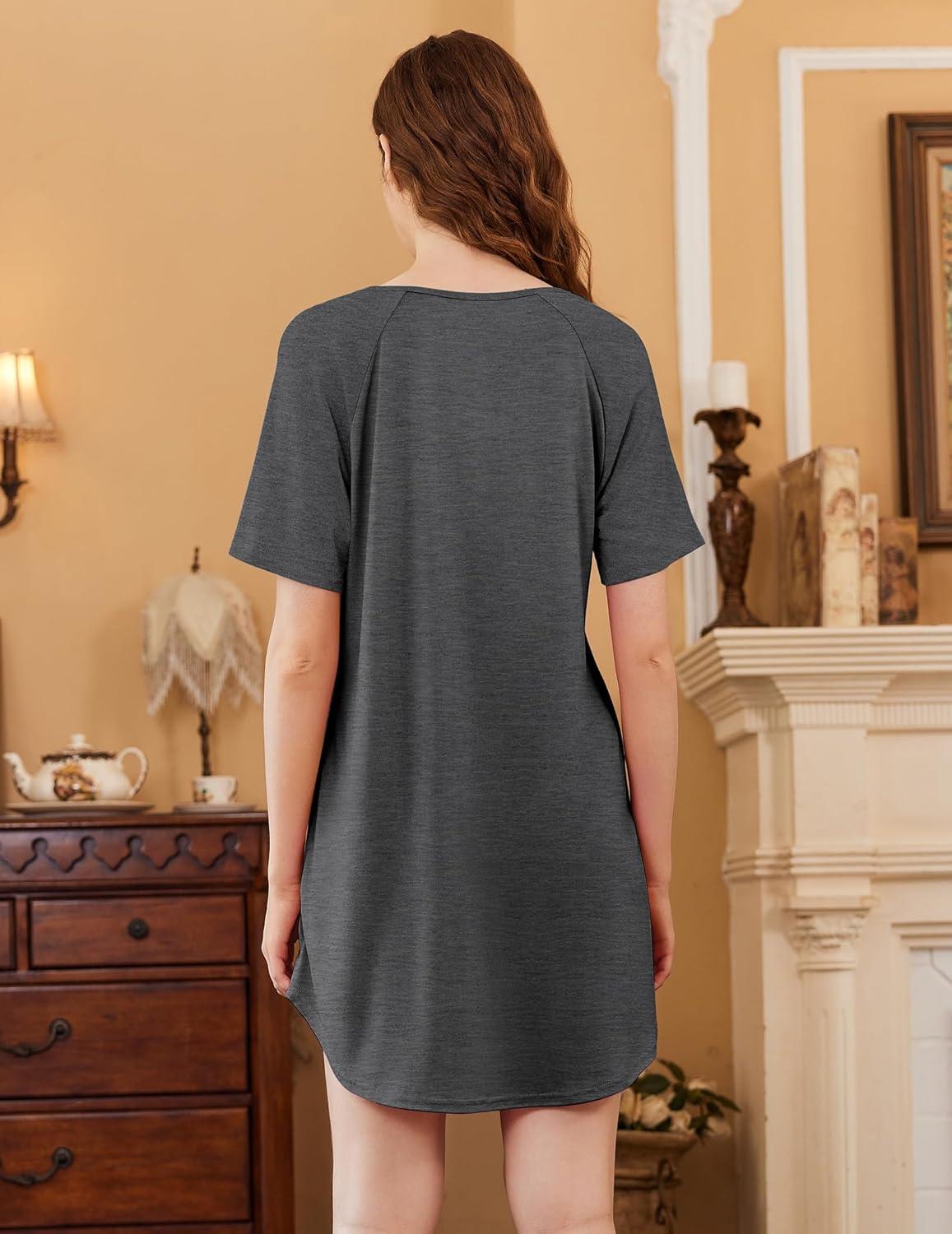 imageEkouaer Nightgowns for Women 3 Pack Sleep Shirts Short Sleeve Nightshirt Pullover Nightdress Soft Sleepwear SXXXLBlackDark GreyGrey Stripes