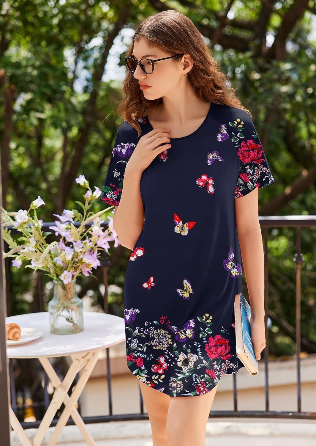 imageEkouaer Nightgowns for Women 3 Pack Sleep Shirts Short Sleeve Nightshirt Pullover Nightdress Soft Sleepwear SXXXLNavy BlueGreyBlue Butterfly