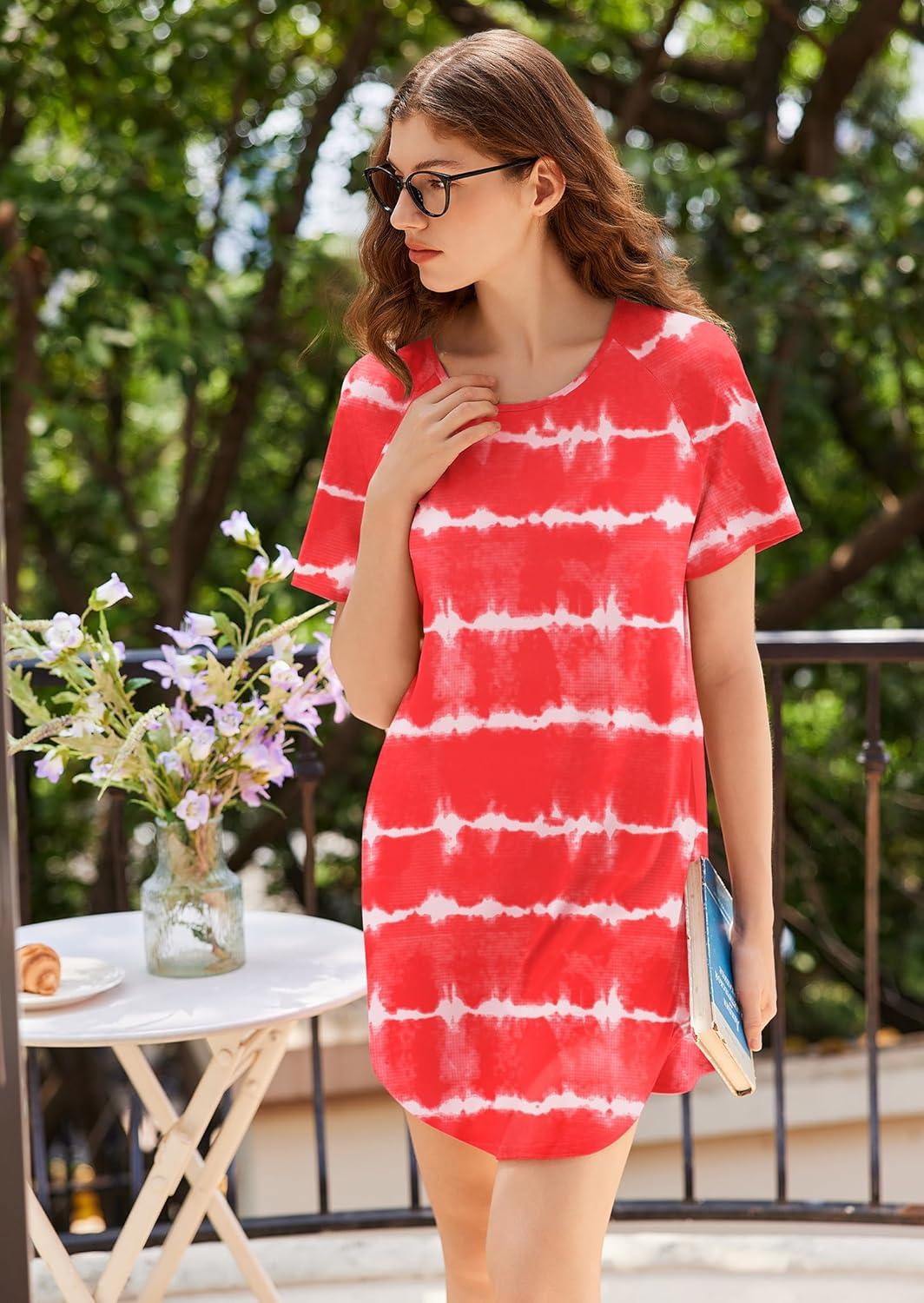 imageEkouaer Nightgowns for Women 3 Pack Sleep Shirts Short Sleeve Nightshirt Pullover Nightdress Soft Sleepwear SXXXLNavy BlueGreyOrange Stripes