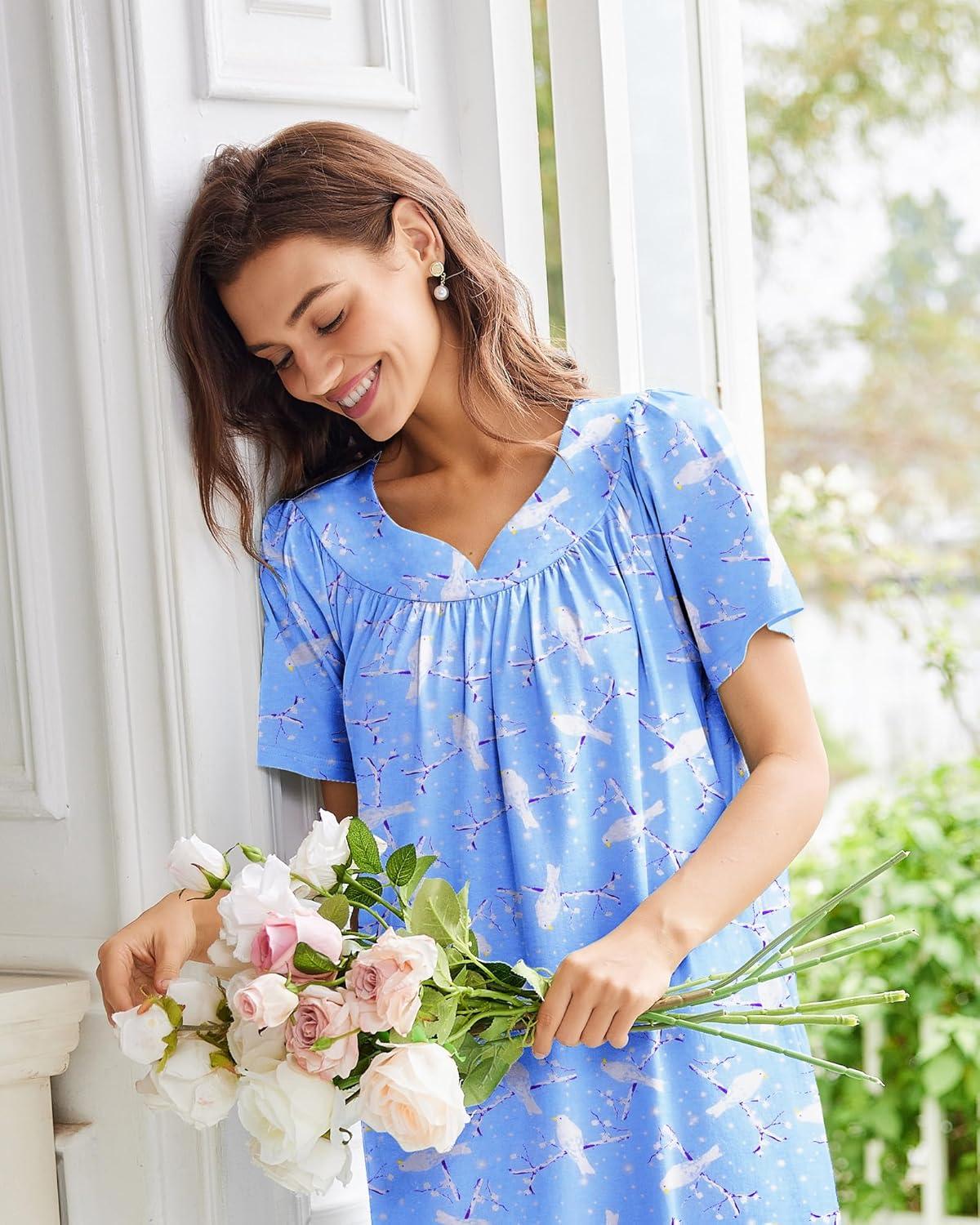imageEkouaer Nightgowns for Women Cotton Nightgown House Dress with Pockets Short Sleeve Mumu Dress Embroidered Lounge DressBlue Pigeon