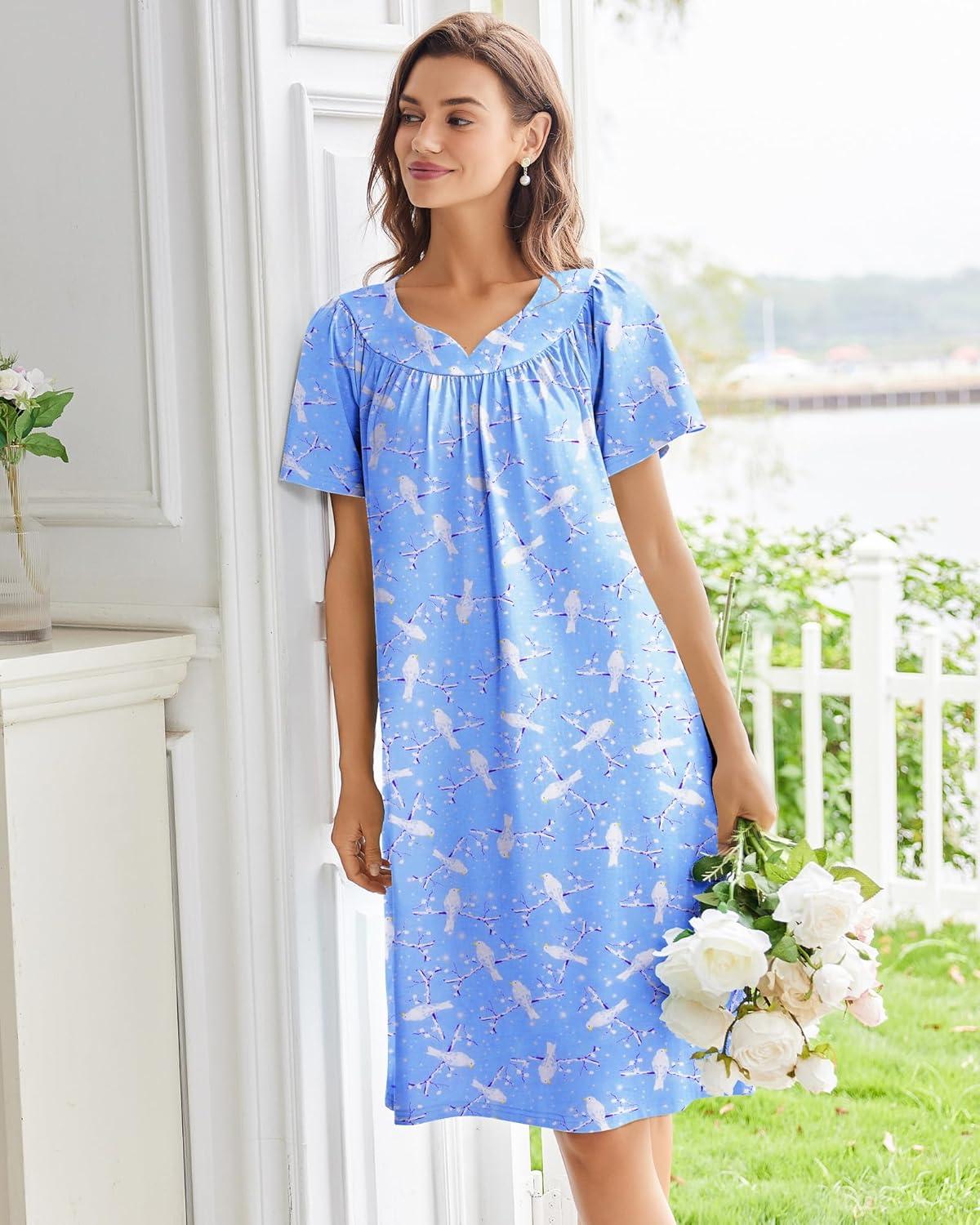 imageEkouaer Nightgowns for Women Cotton Nightgown House Dress with Pockets Short Sleeve Mumu Dress Embroidered Lounge DressBlue Pigeon