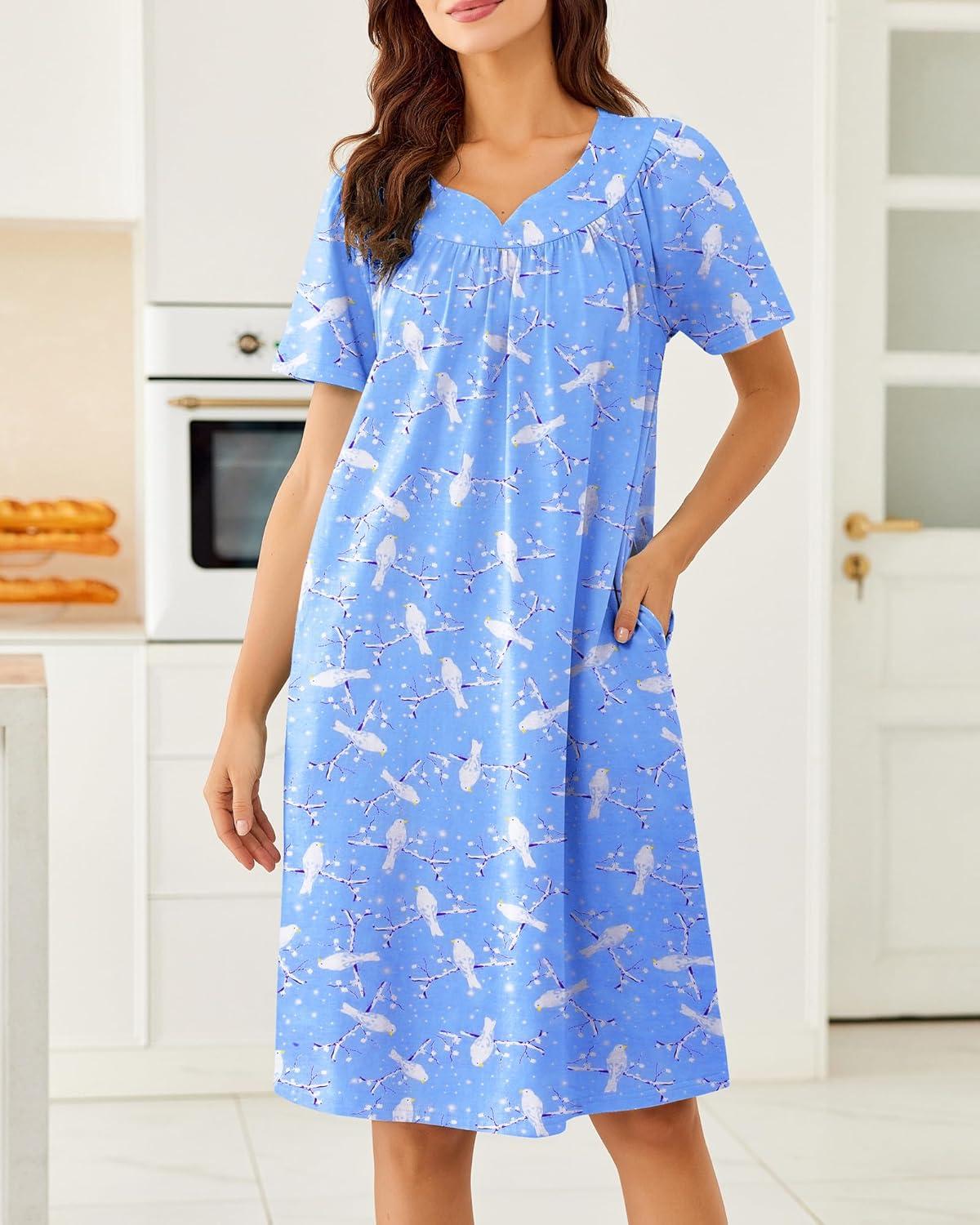 imageEkouaer Nightgowns for Women Cotton Nightgown House Dress with Pockets Short Sleeve Mumu Dress Embroidered Lounge DressBlue Pigeon